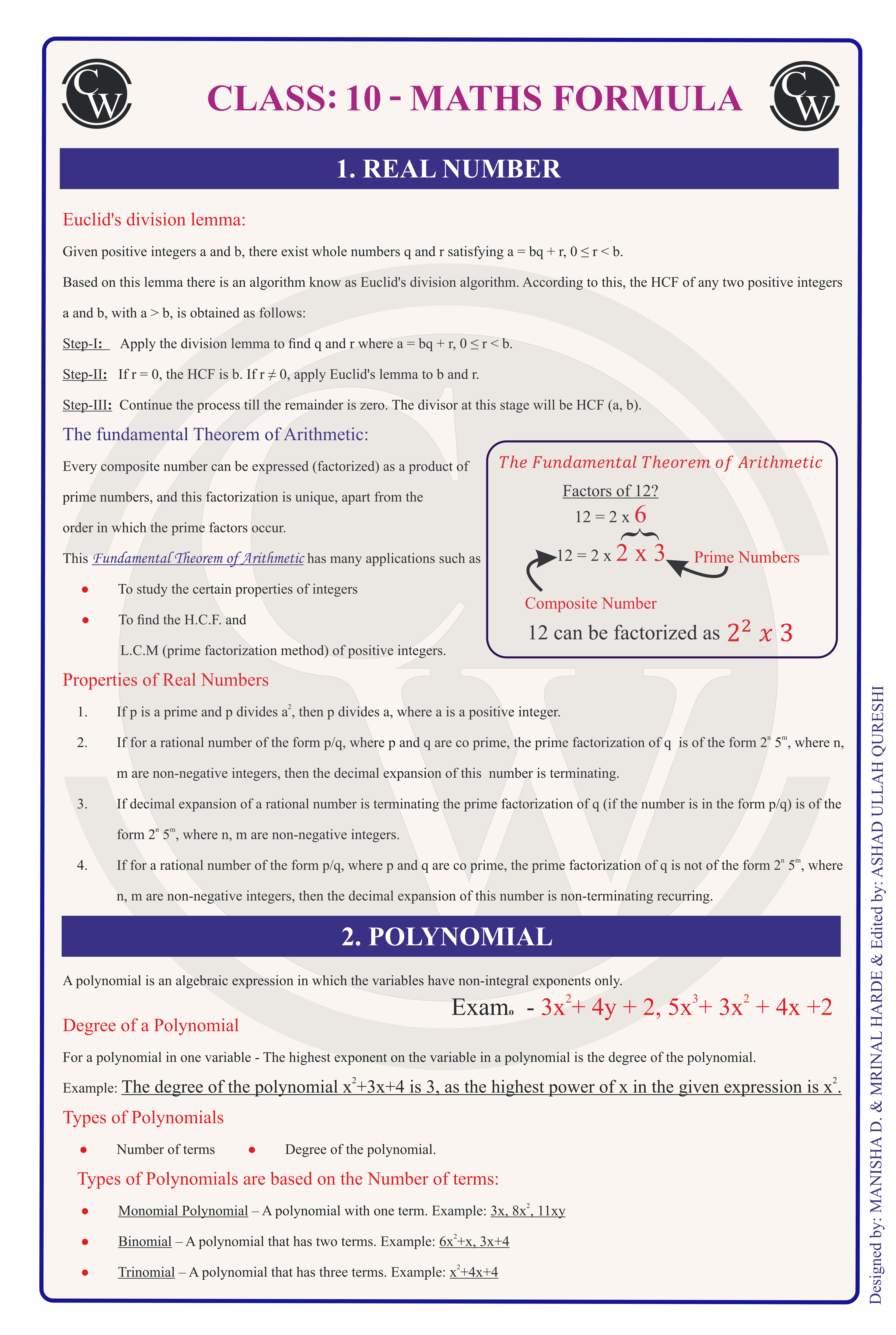 Class 10 Maths Formula Chart 1 — Real Numbers & Polynomials