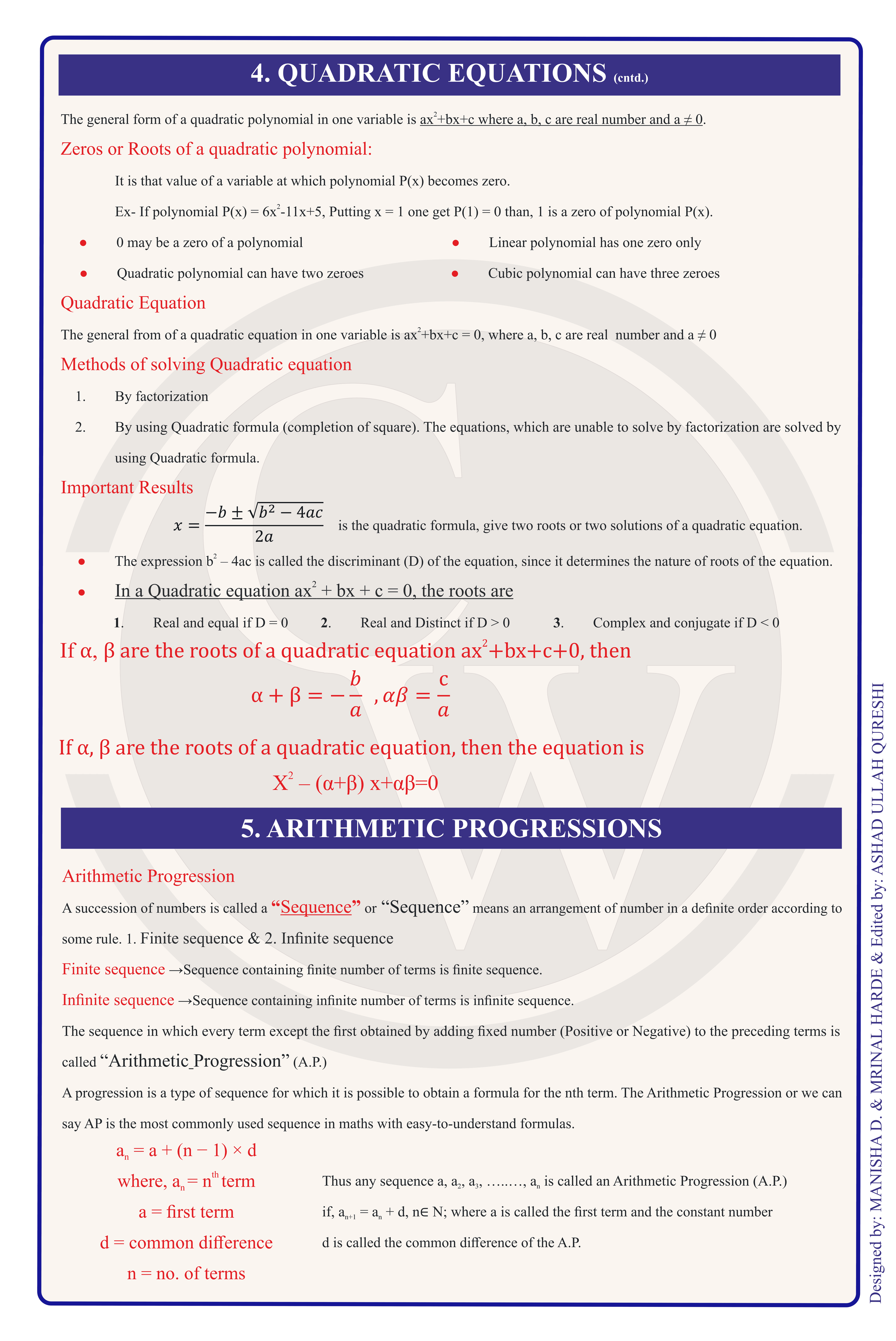Class 10 Maths Formula Chart 4 — Linear Equations & Quadratic Equations
