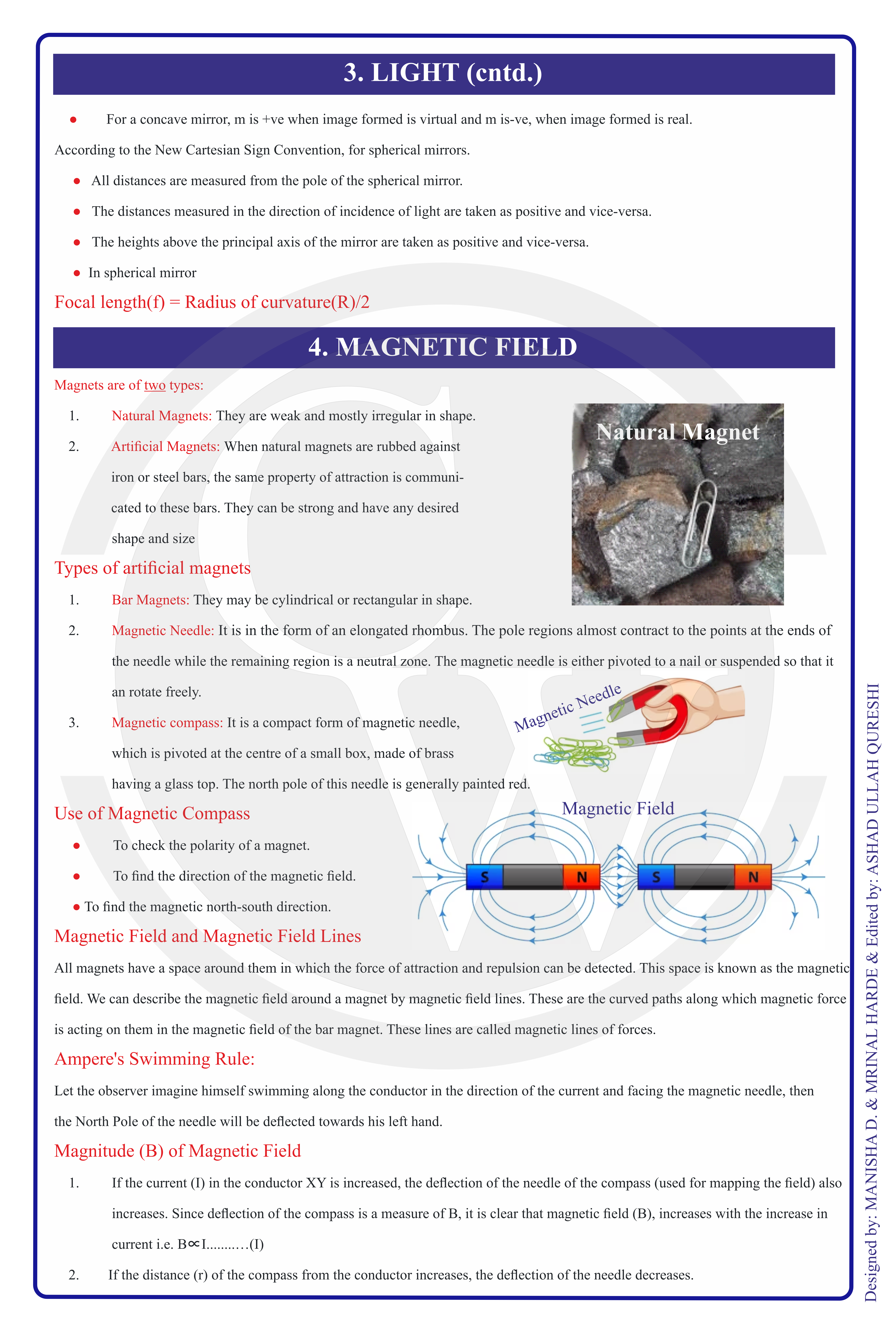 Class 10 Physics Formula Chart 3 — Light & Magnetic Field