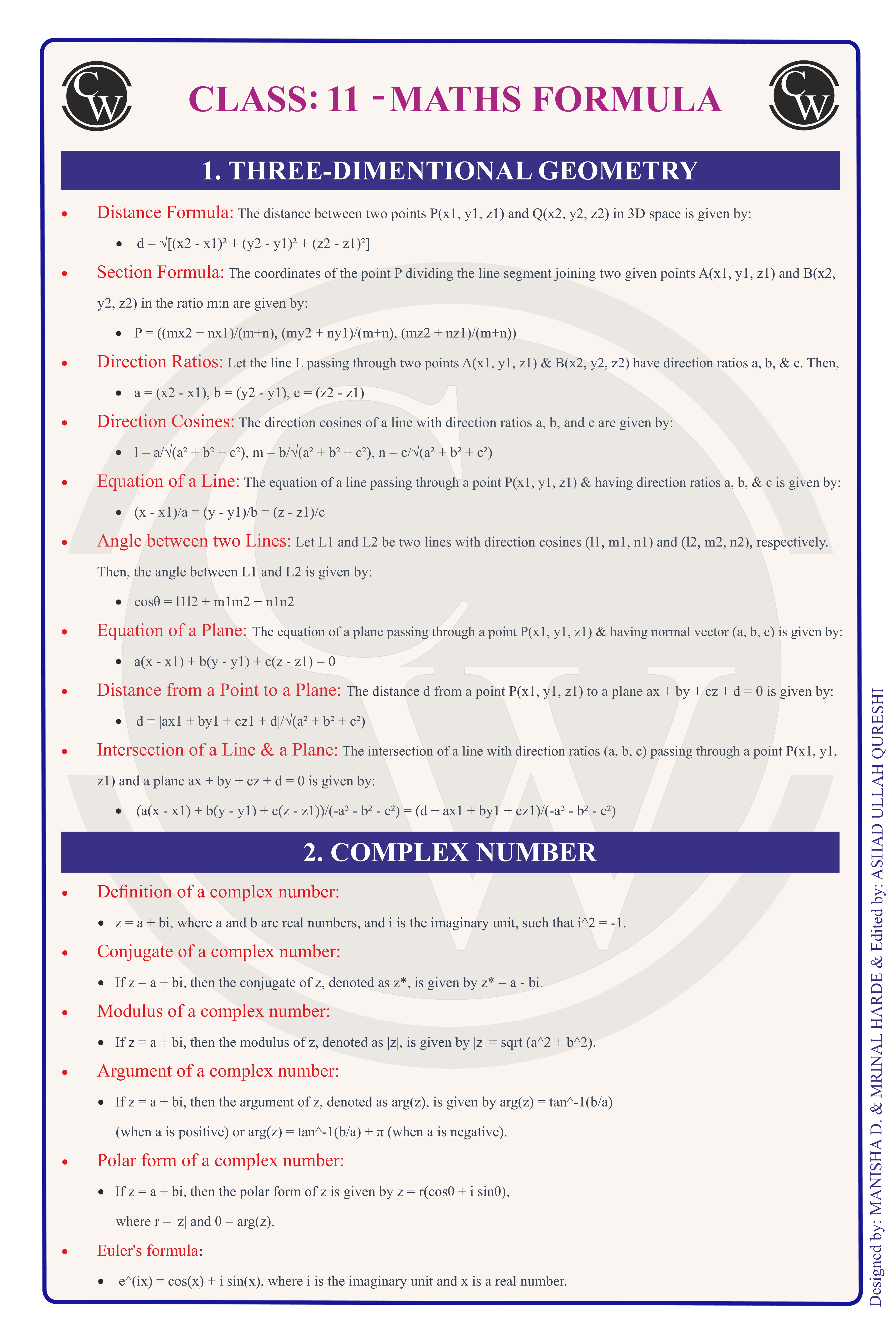 Class 11 Maths Formula Chart 1 — 3D Geometry & Complex Numbers