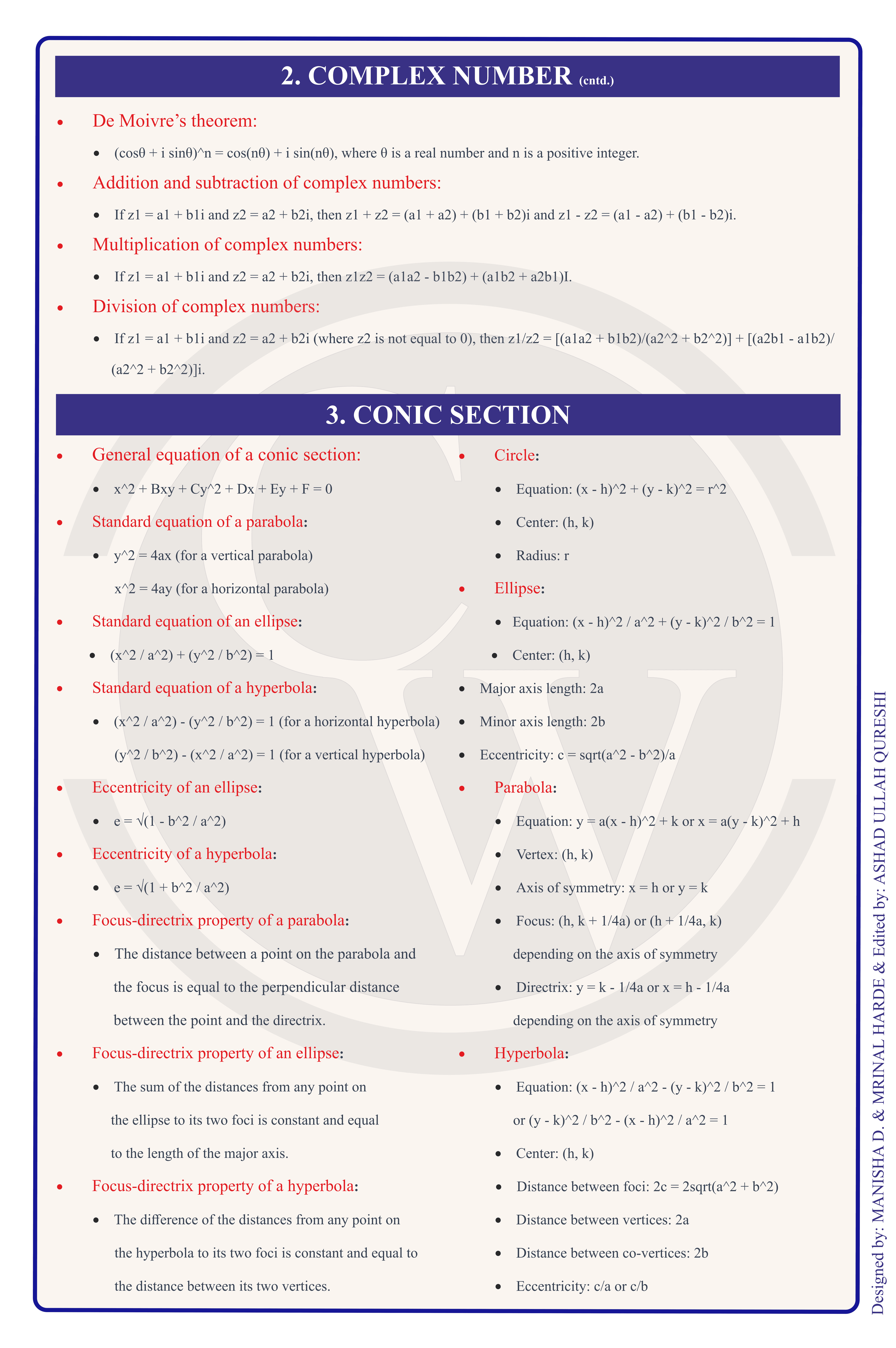 Class 11 Maths Formula Chart 2 — Complex Numbers & Conic Sections