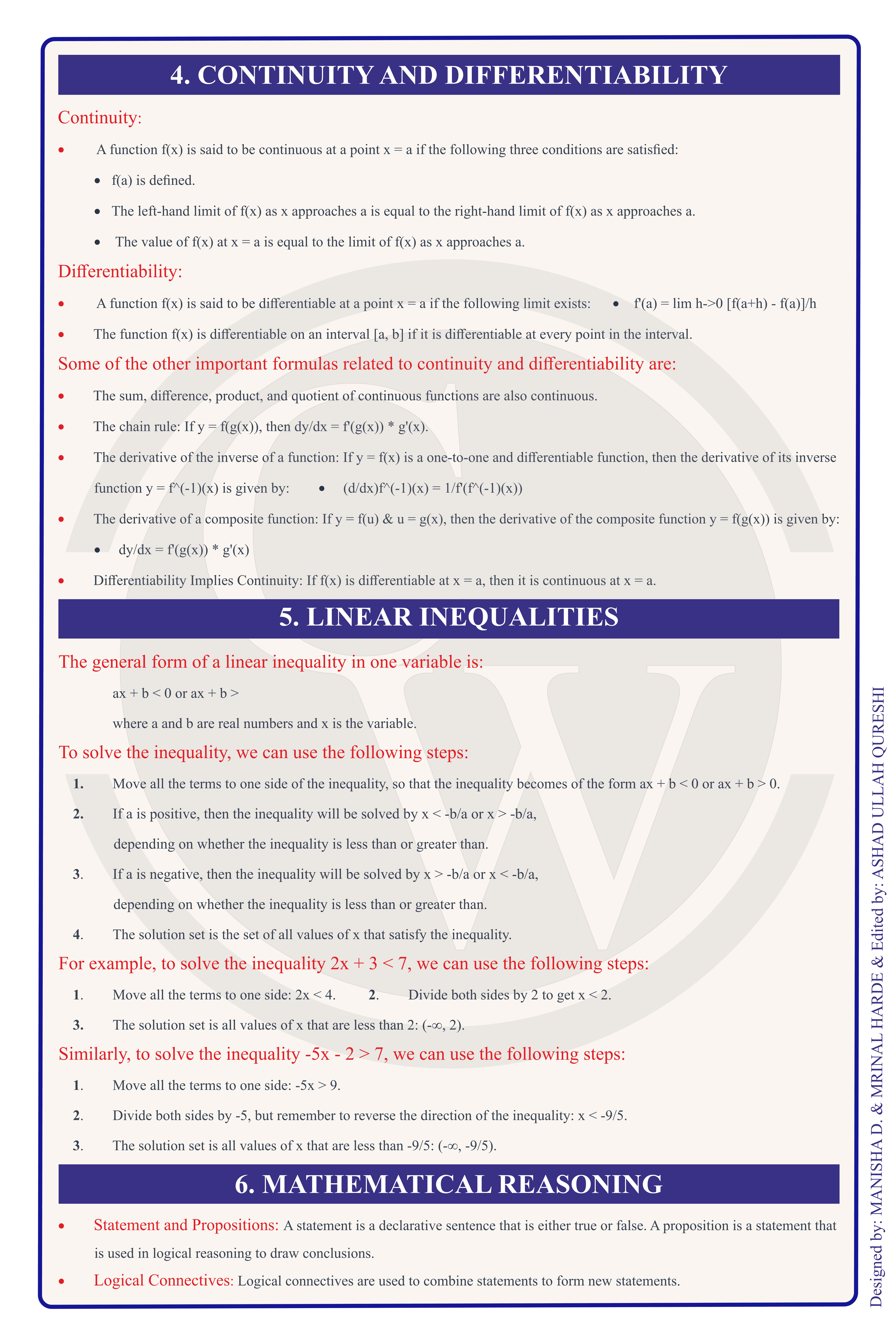 Class 11 Maths Formula Chart 3 — Continuity, Inequalities & Reasoning