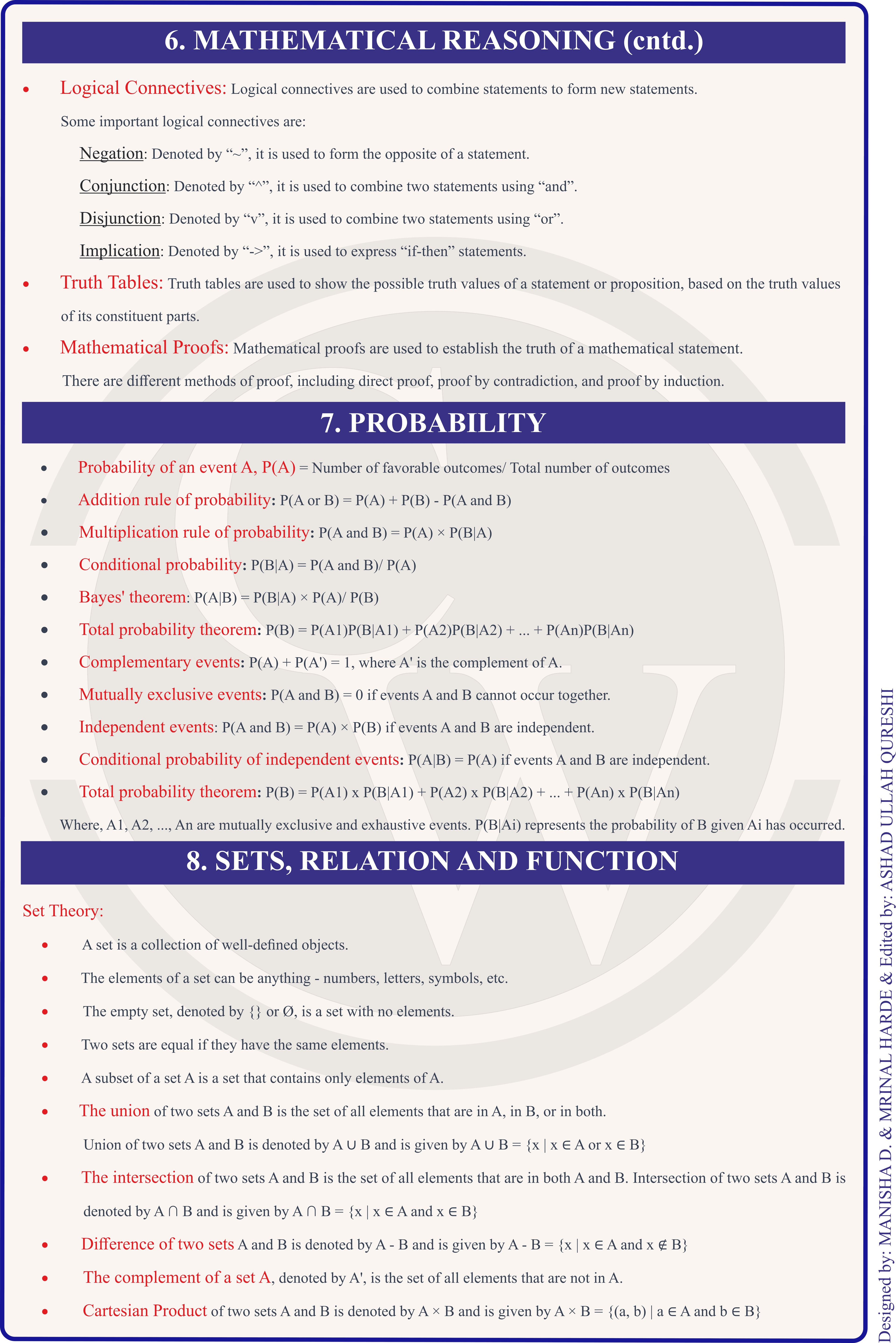 Class 11 Maths Formula Chart 4 — Reasoning, Probability & Sets