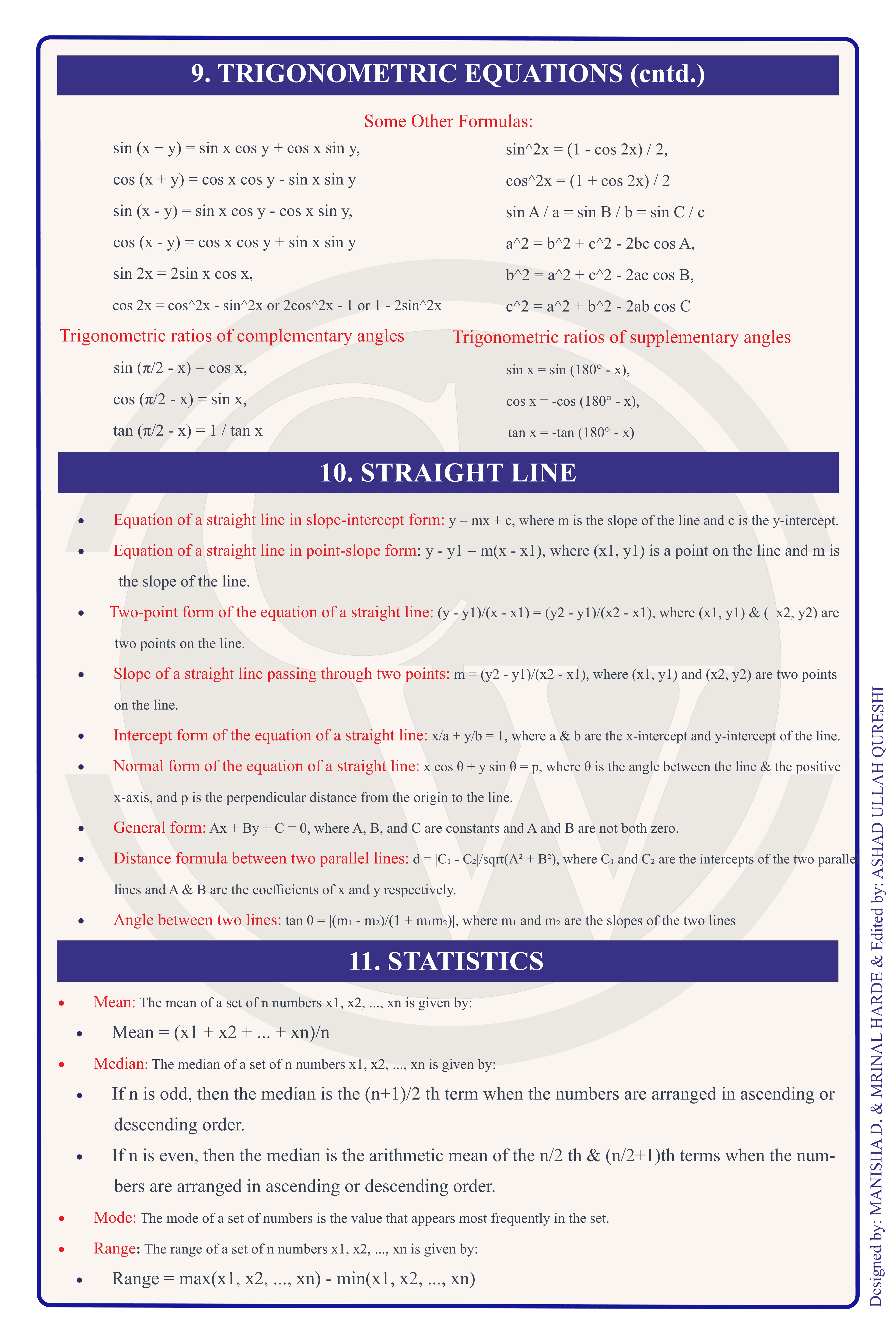 Class 11 Maths Formula Chart 6 — Trigonometry, Straight Lines & Statistics
