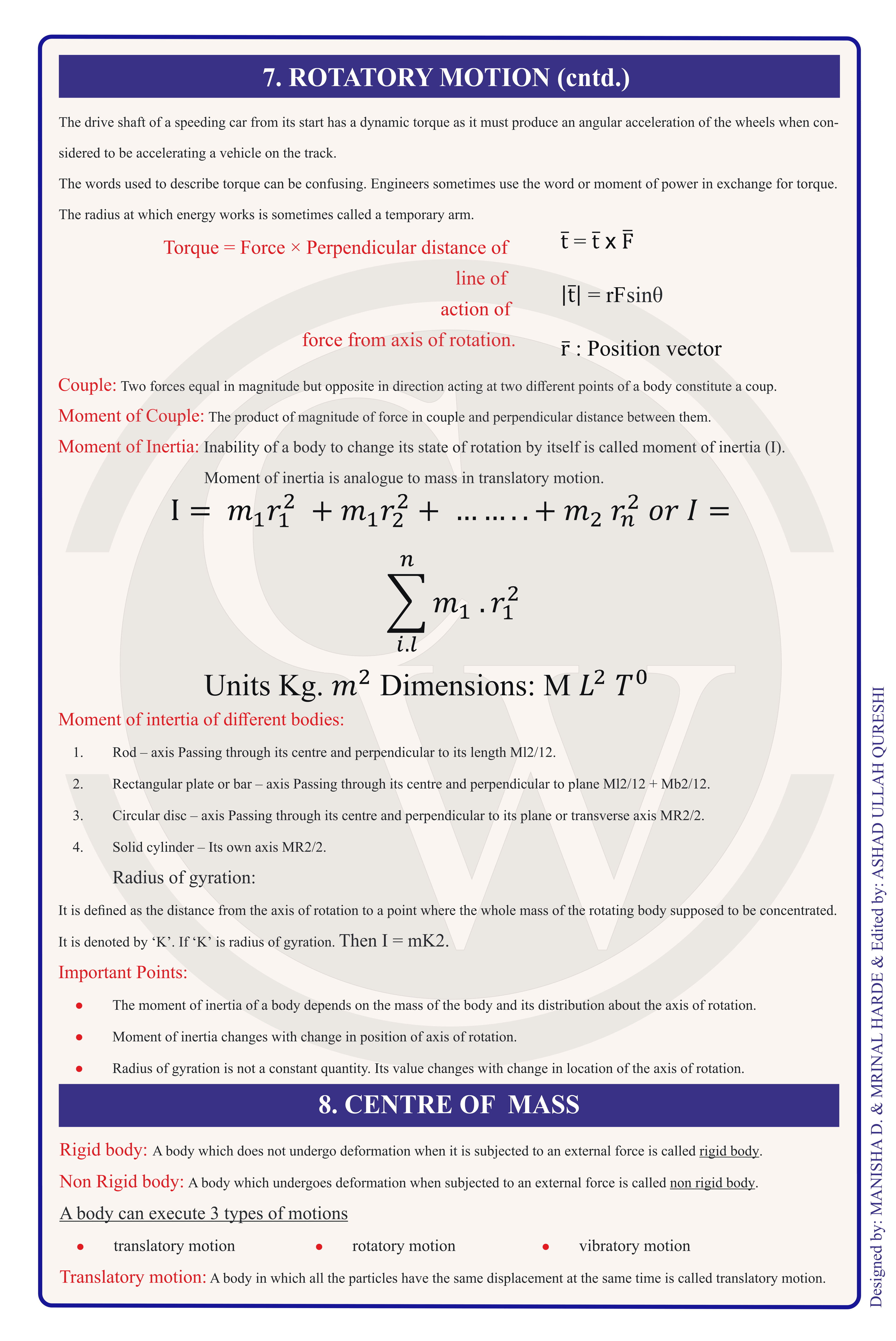 Class 11 Physics Formula Chart 10 — Rotatory Motion & Centre of Mass