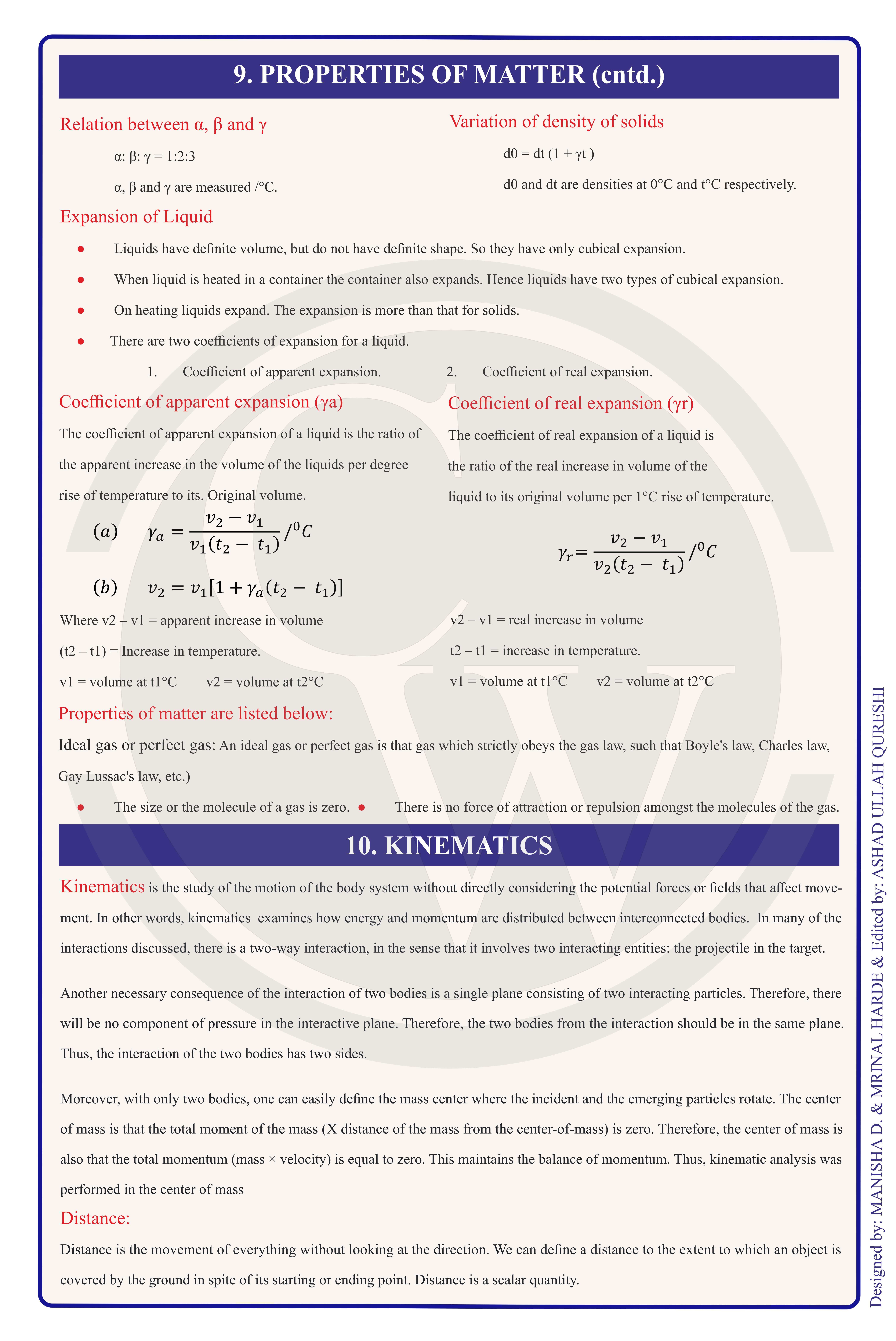 Class 11 Physics Formula Chart 12 — Properties of Matter & Kinematics