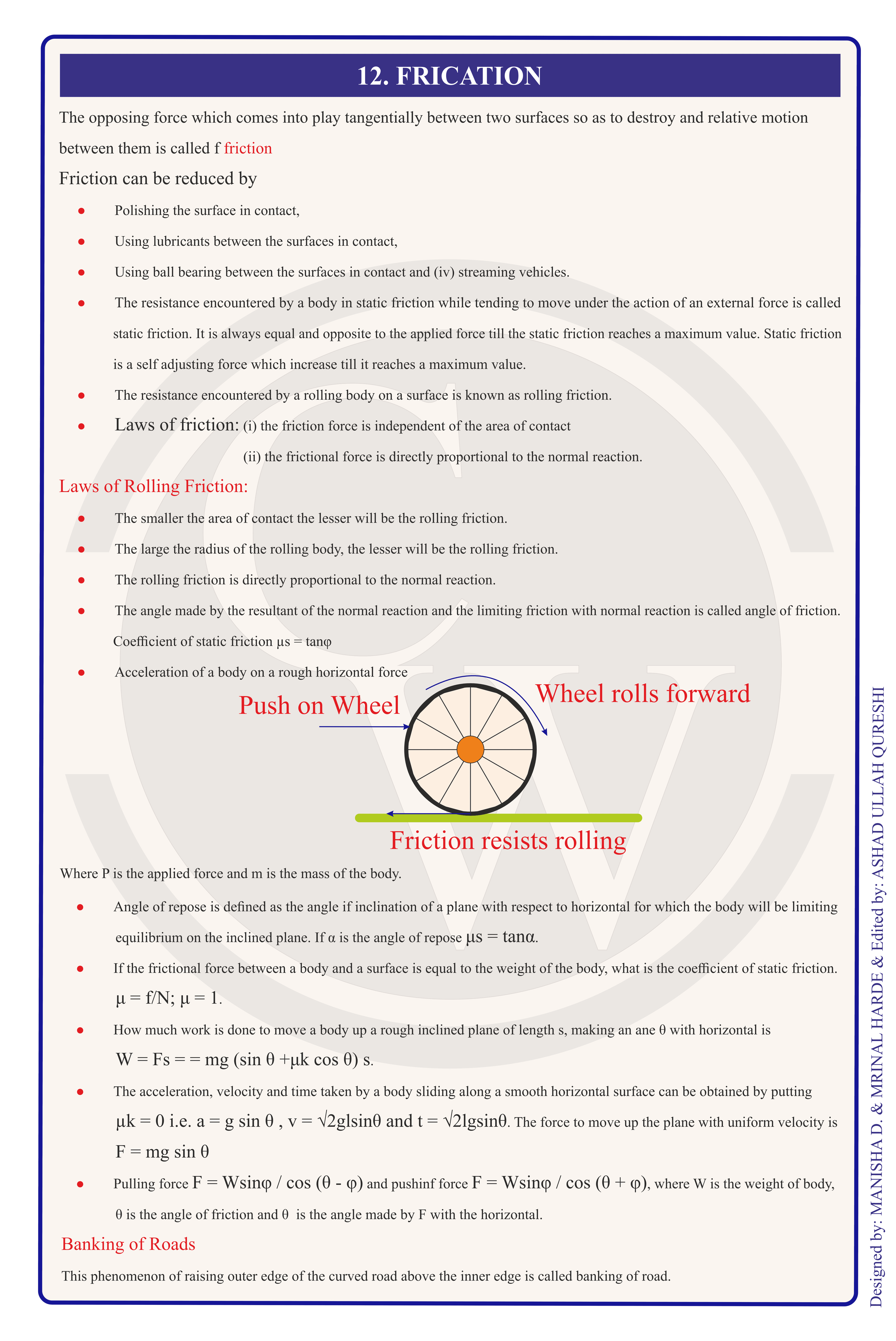 Class 11 Physics Formula Chart 15 — Friction