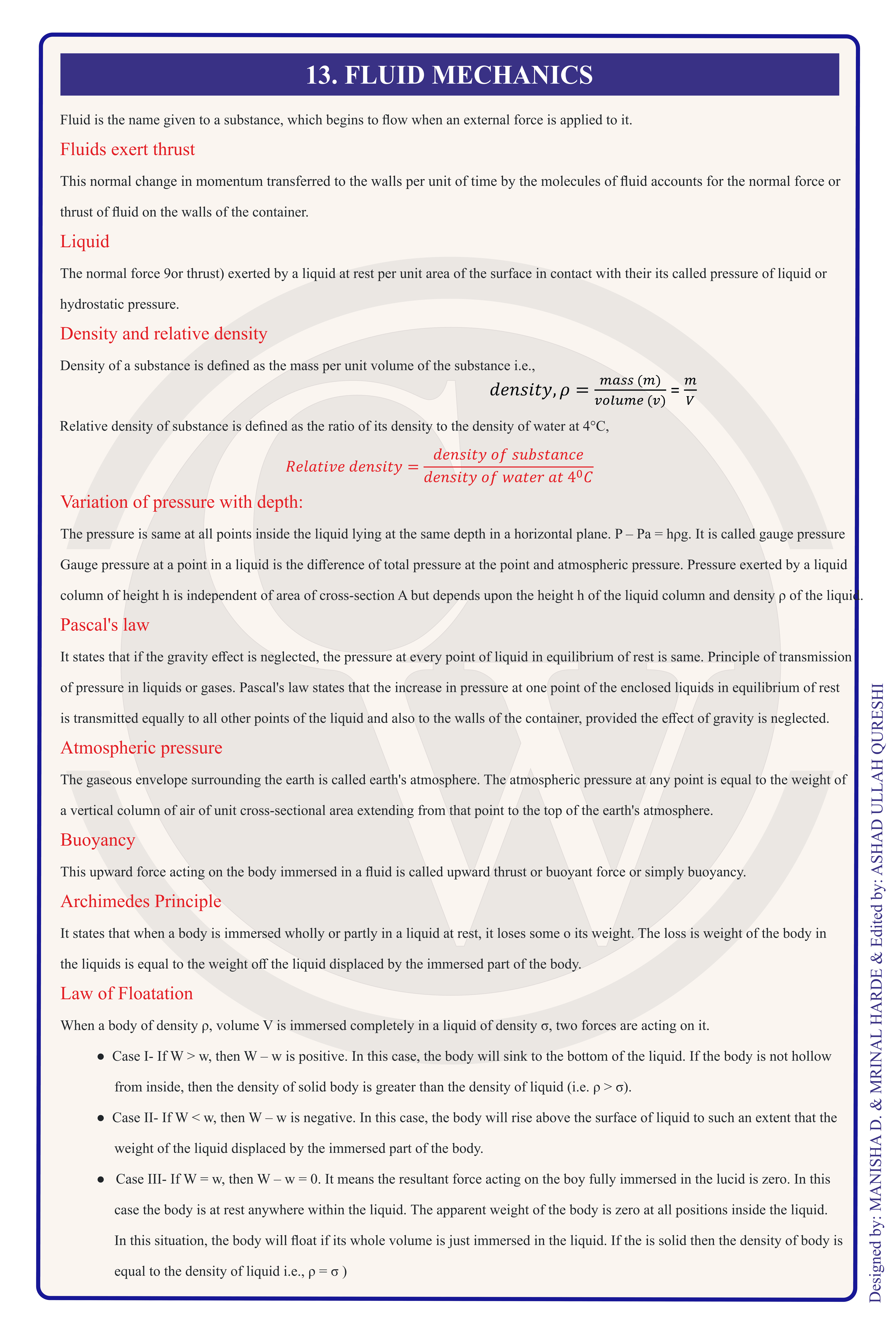 Class 11 Physics Formula Chart 16 — Fluid Mechanics