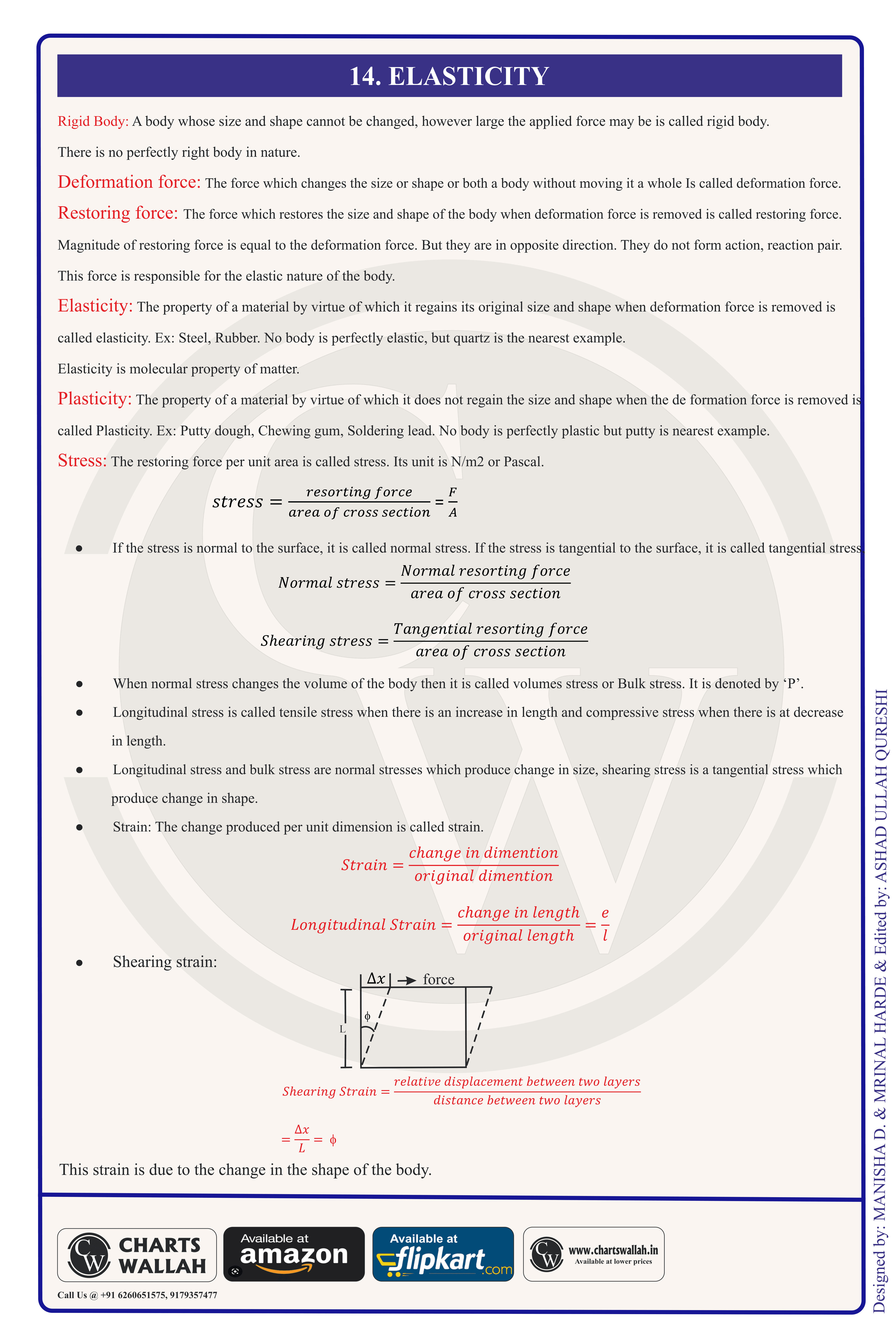 Class 11 Physics Formula Chart 17 — Elasticity