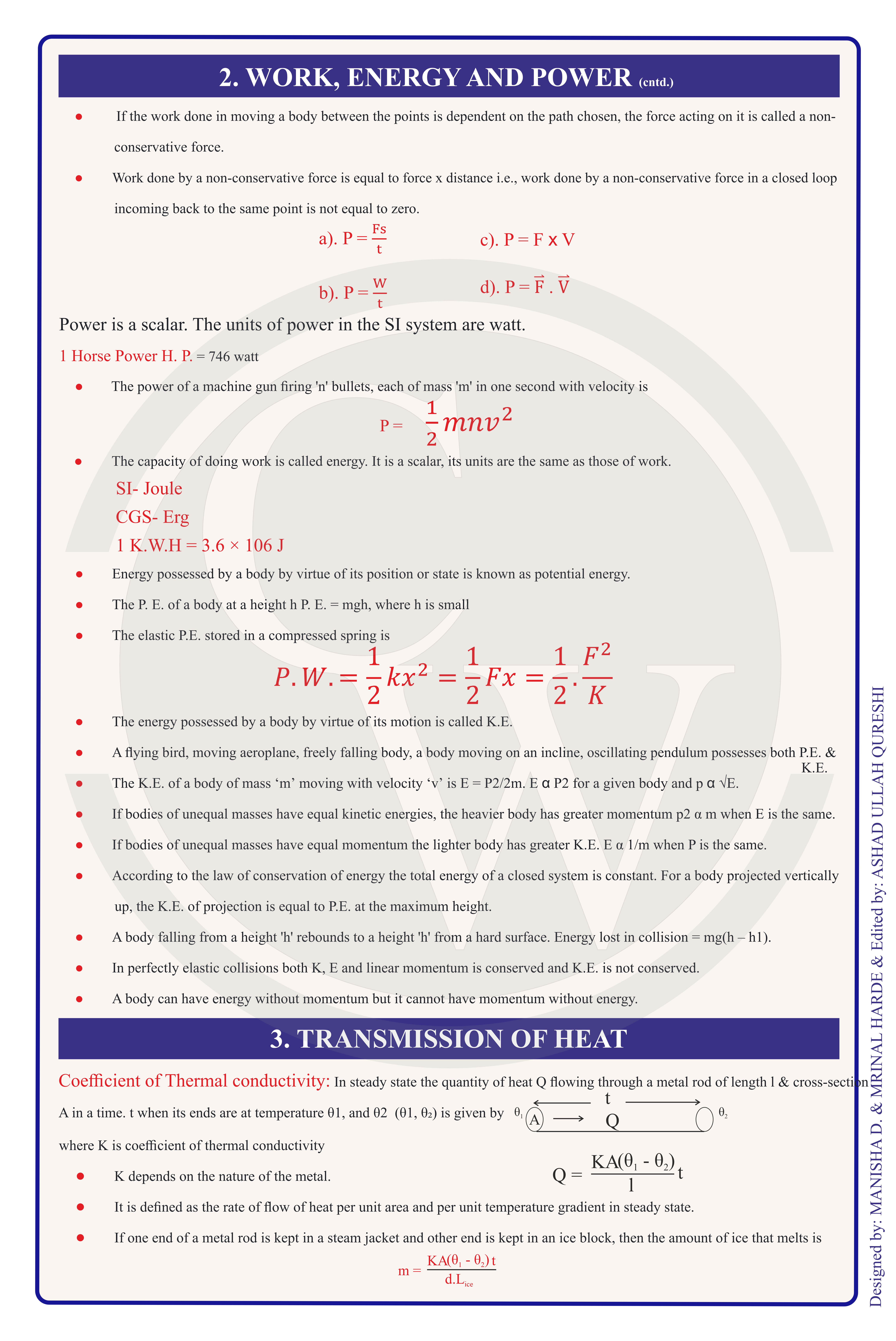 Class 11 Physics Formula Chart 3 — Work/Energy & Heat Transfer