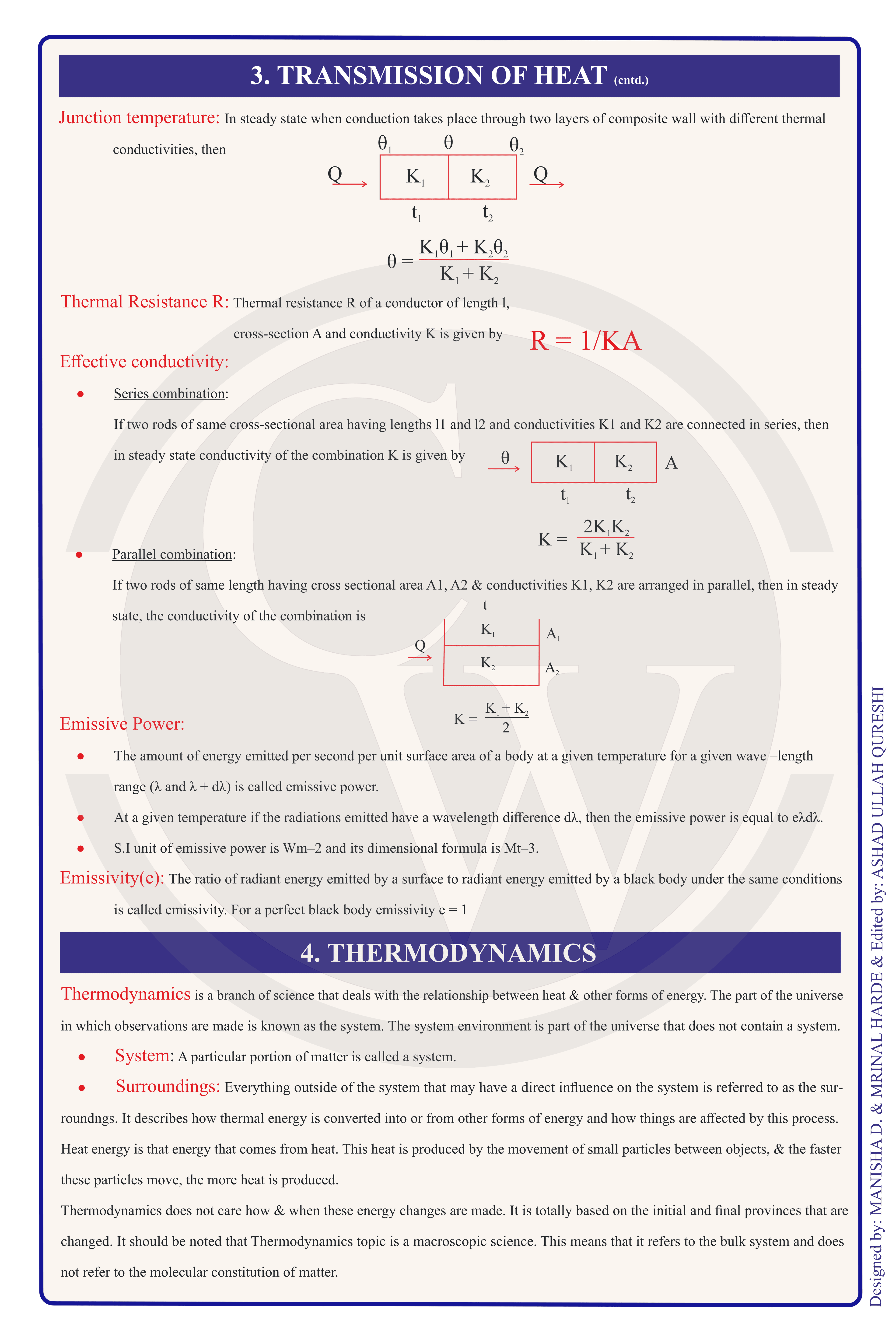 Class 11 Physics Formula Chart 4 — Heat Transfer & Thermodynamics