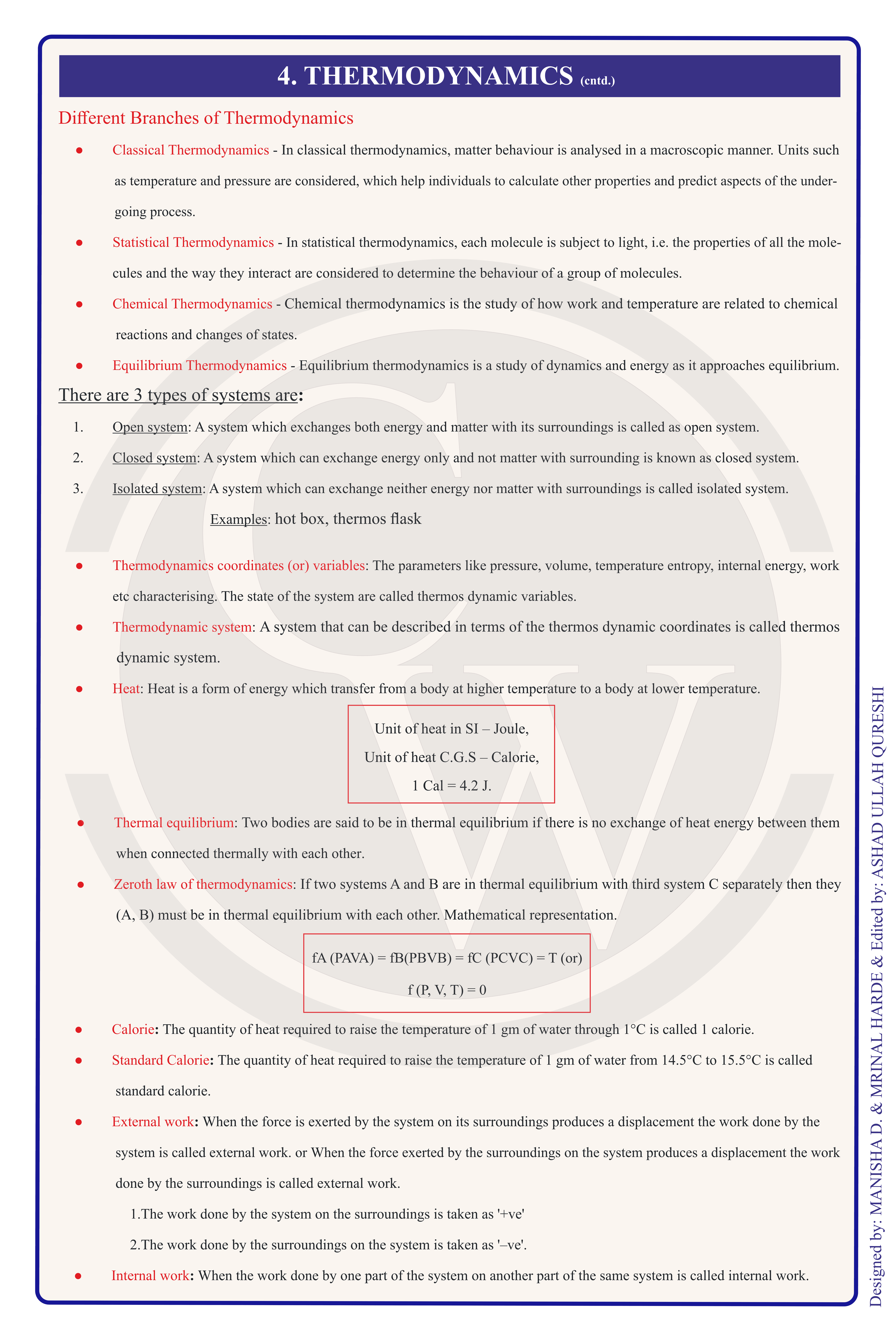 Class 11 Physics Formula Chart 5 — Thermodynamics