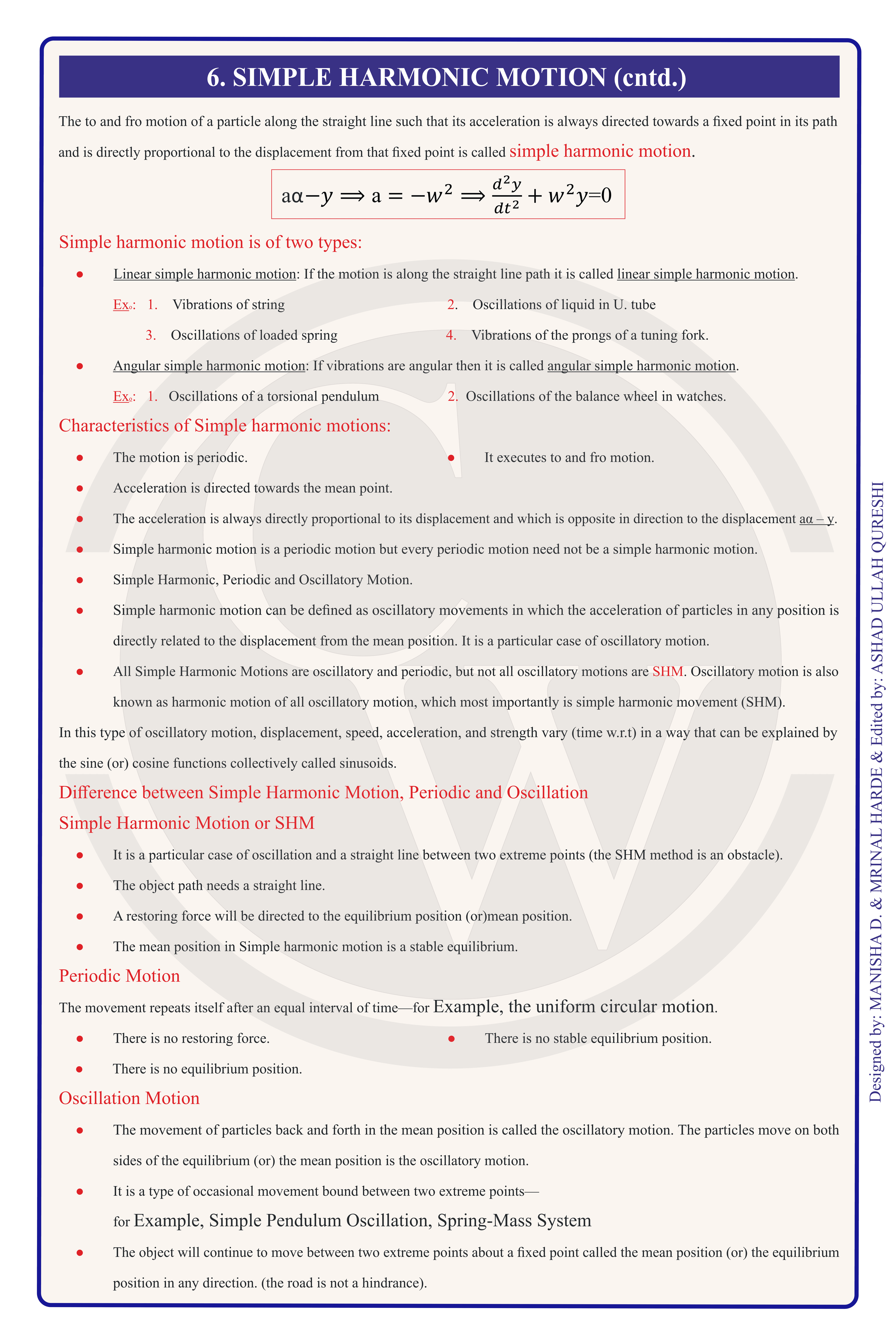 Class 11 Physics Formula Chart 8 — Simple Harmonic Motion