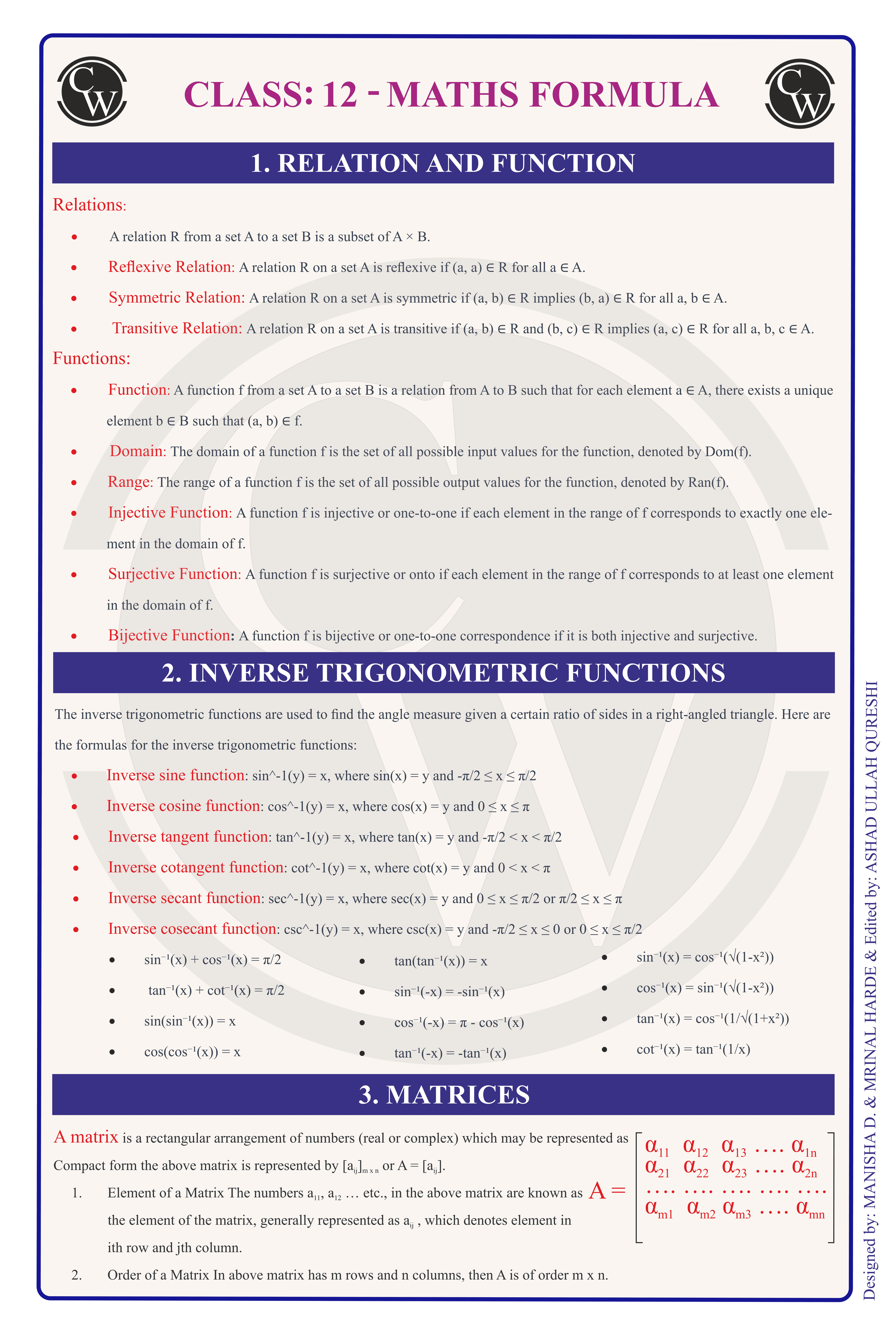 Class 12 Maths Formula Chart 1 — Relations, Functions & Matrices