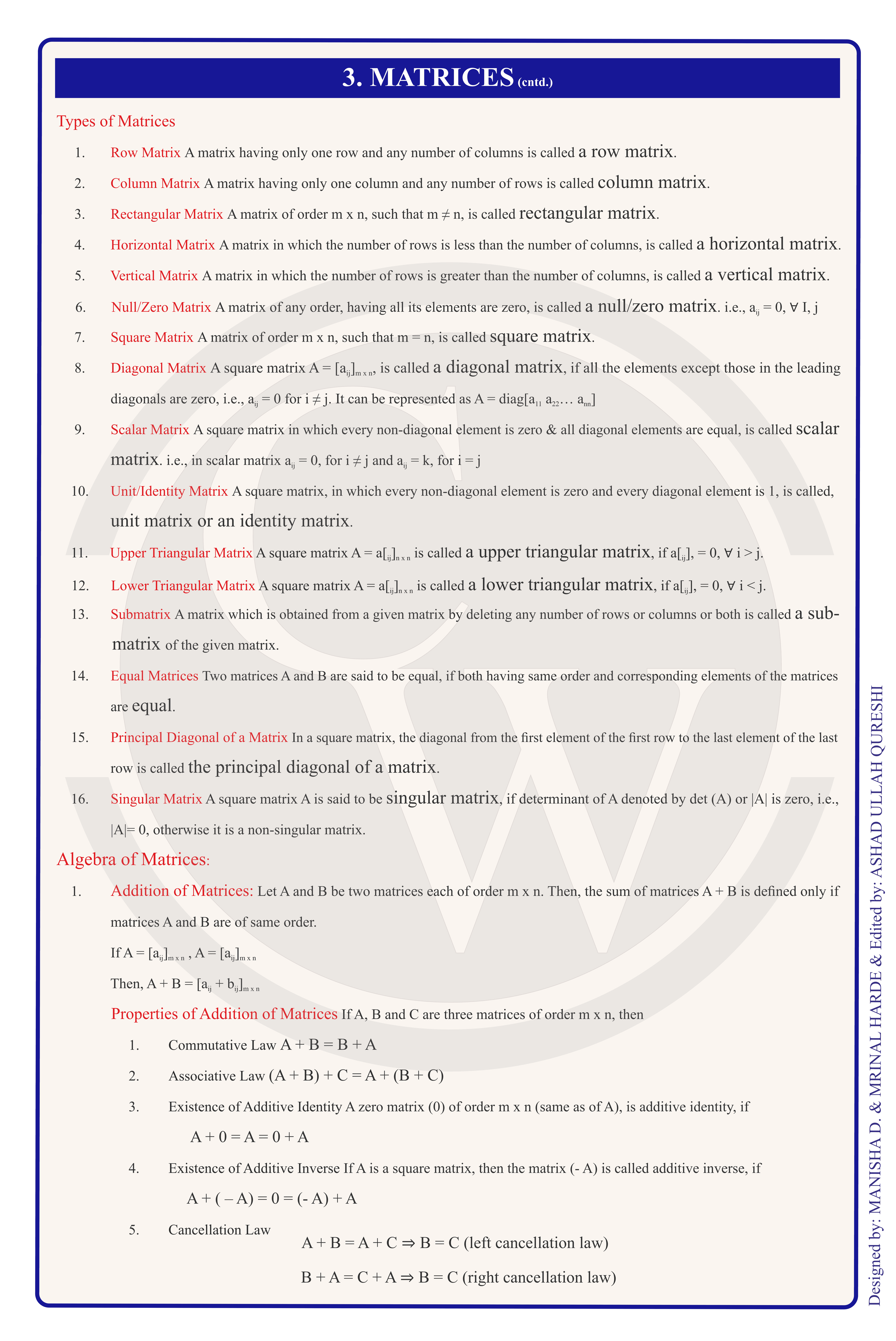 Class 12 Maths Formula Chart 2 — Matrices