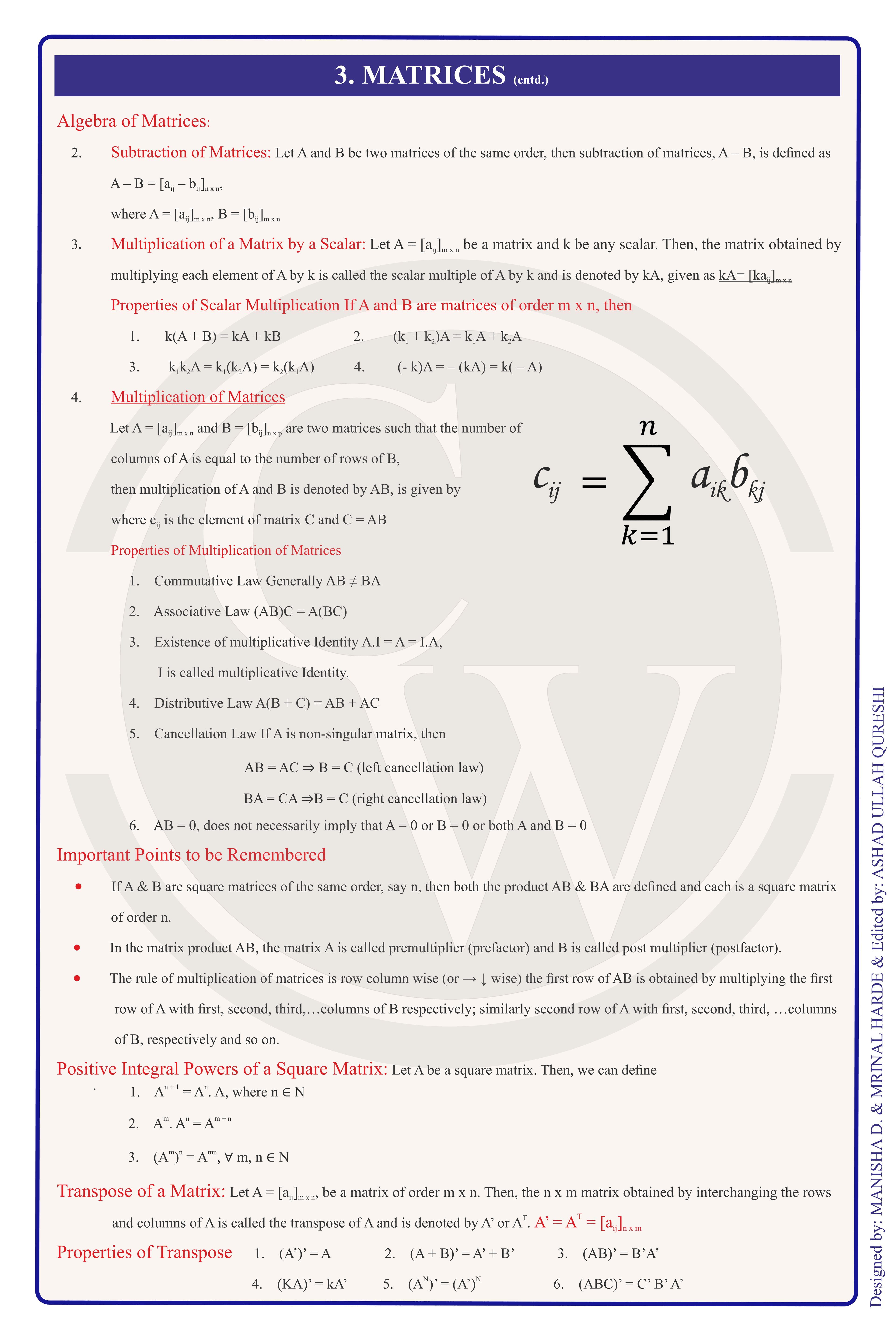 Class 12 Maths Formula Chart 3 — Matrices, Determinants & Continuity