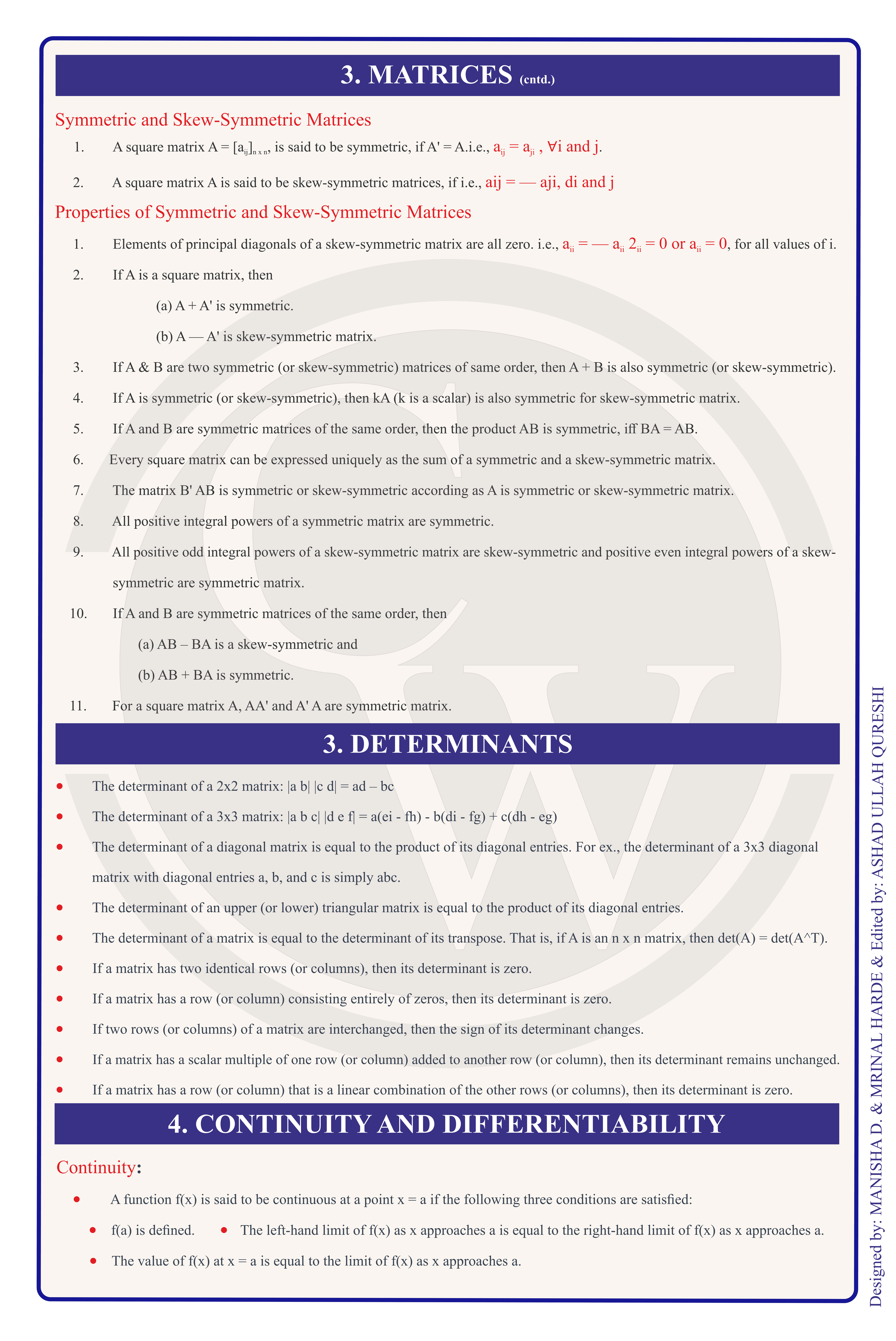 Class 12 Maths Formula Chart 4 — Matrices