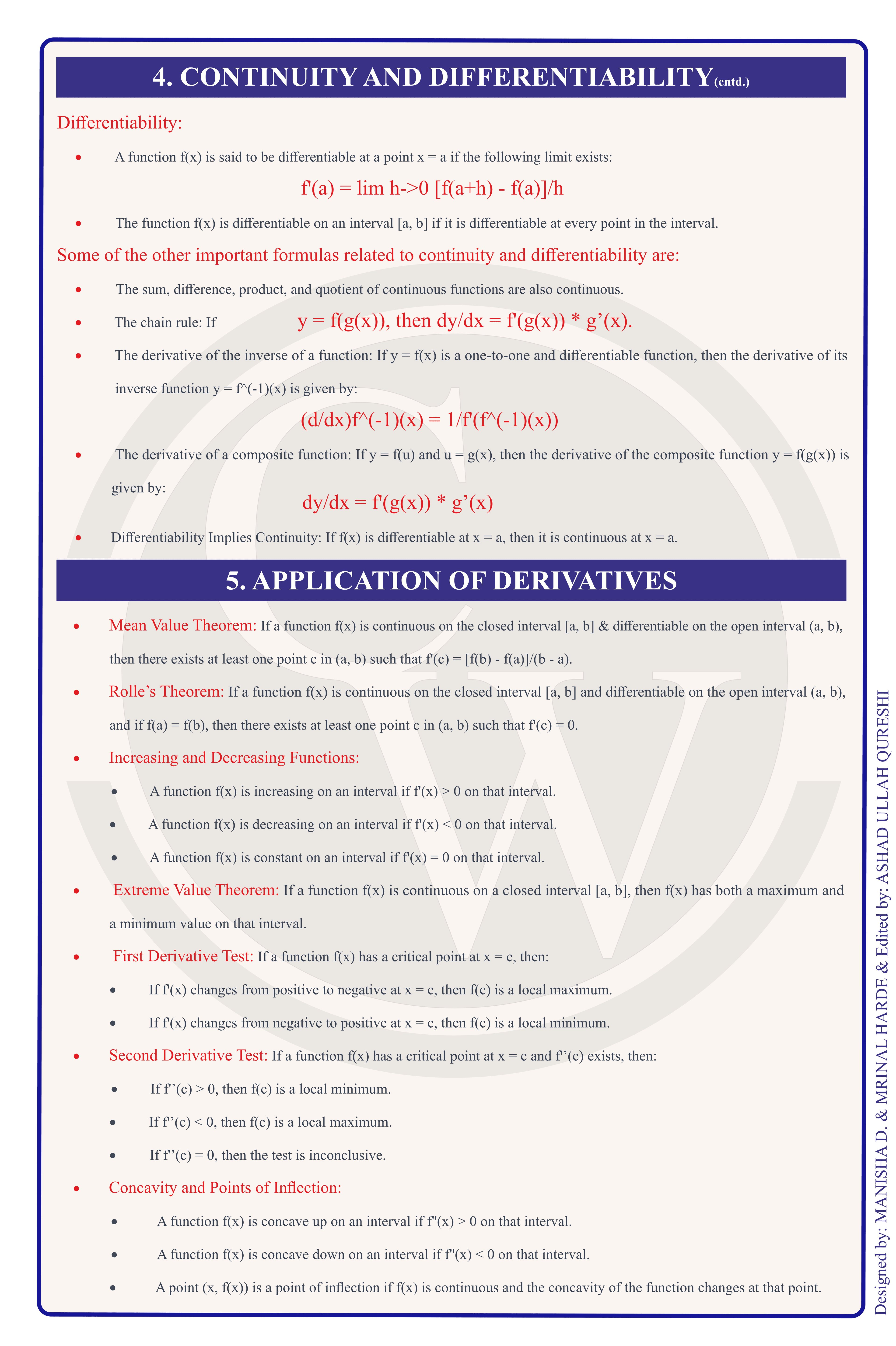 Class 12 Maths Formula Chart 5 — Continuity & Derivatives