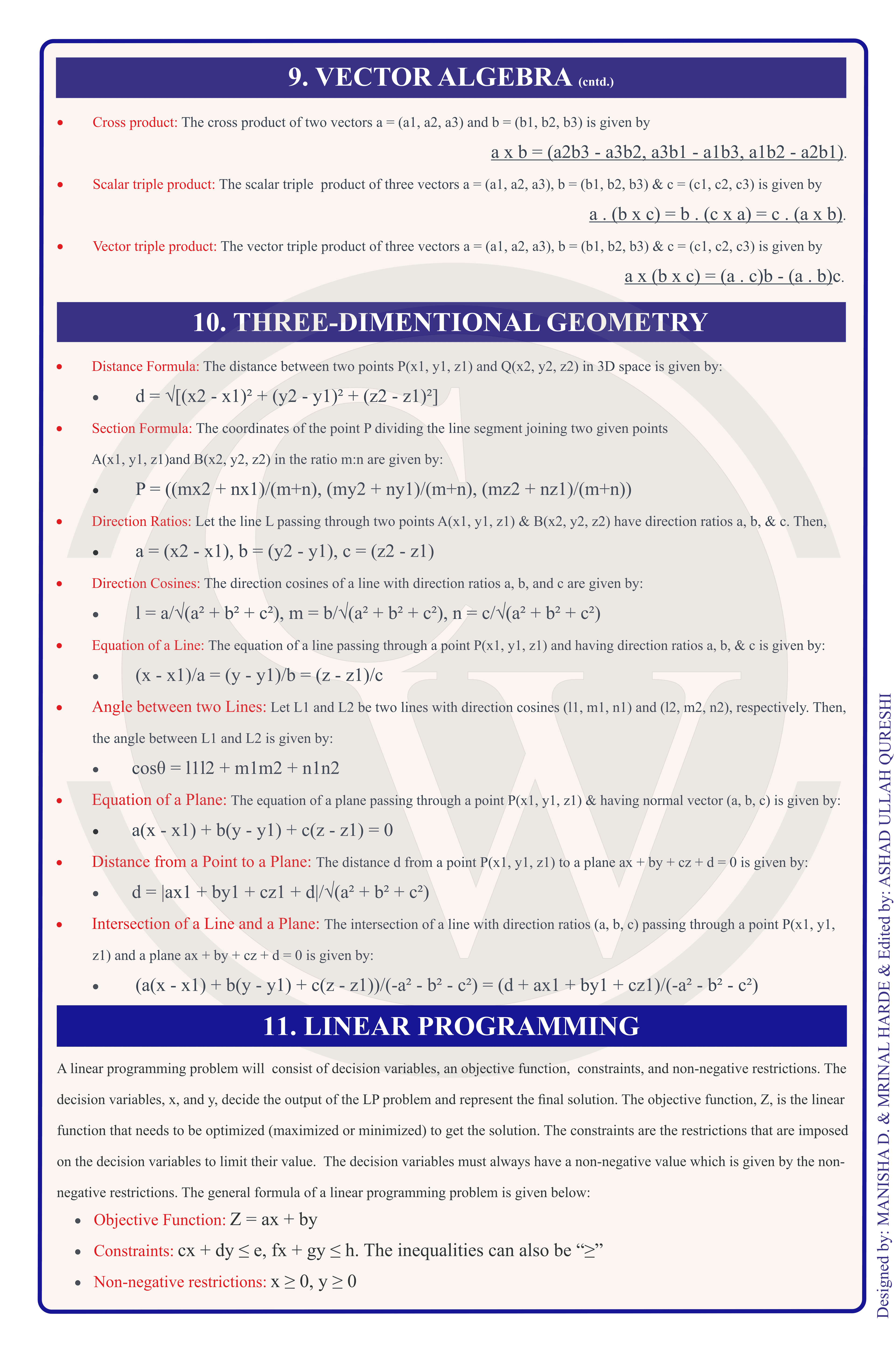 Class 12 Maths Formula Chart 7 — Vectors, 3D Geometry & Linear Programming