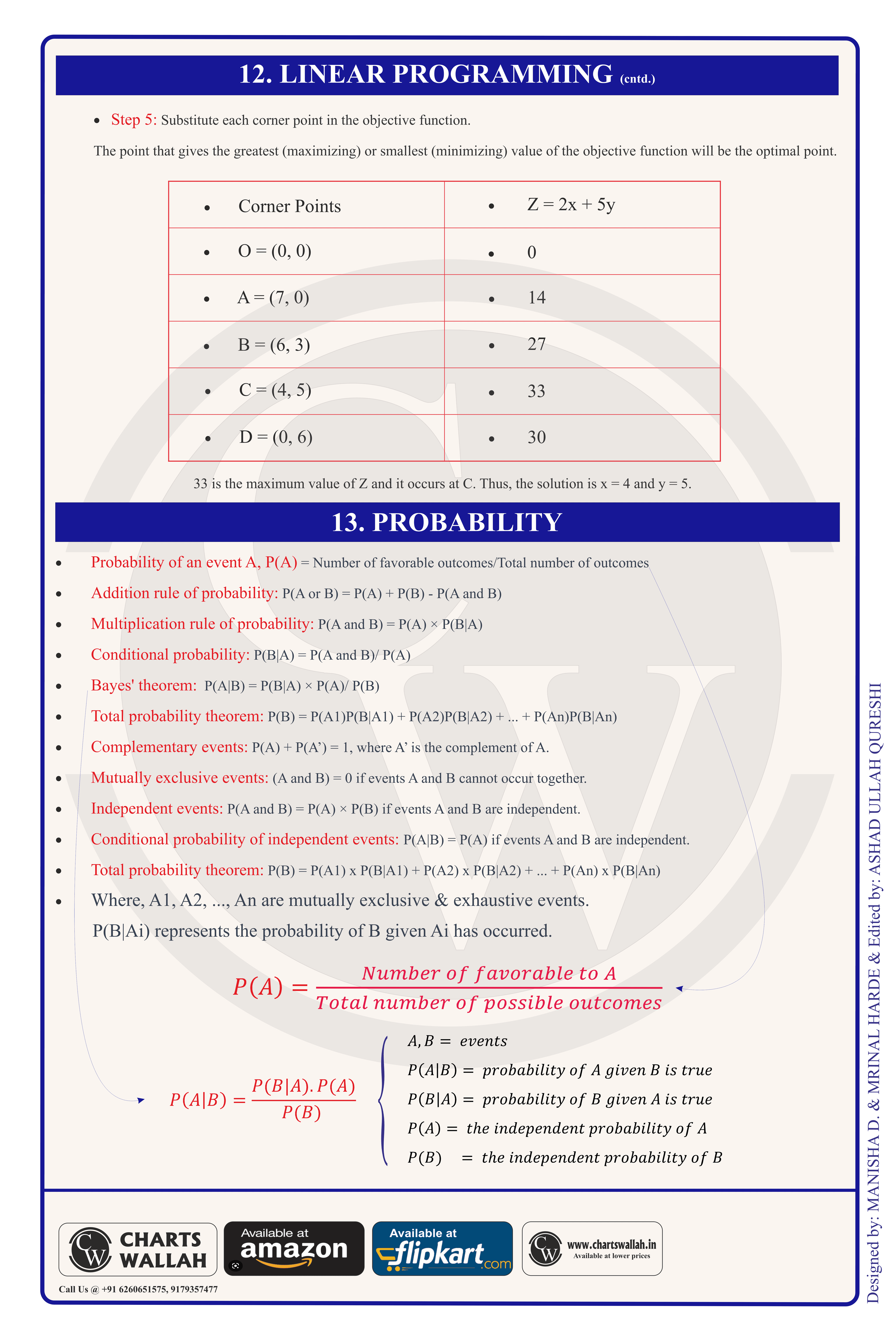 Class 12 Maths Formula Chart 9 — Linear Programming & Probability