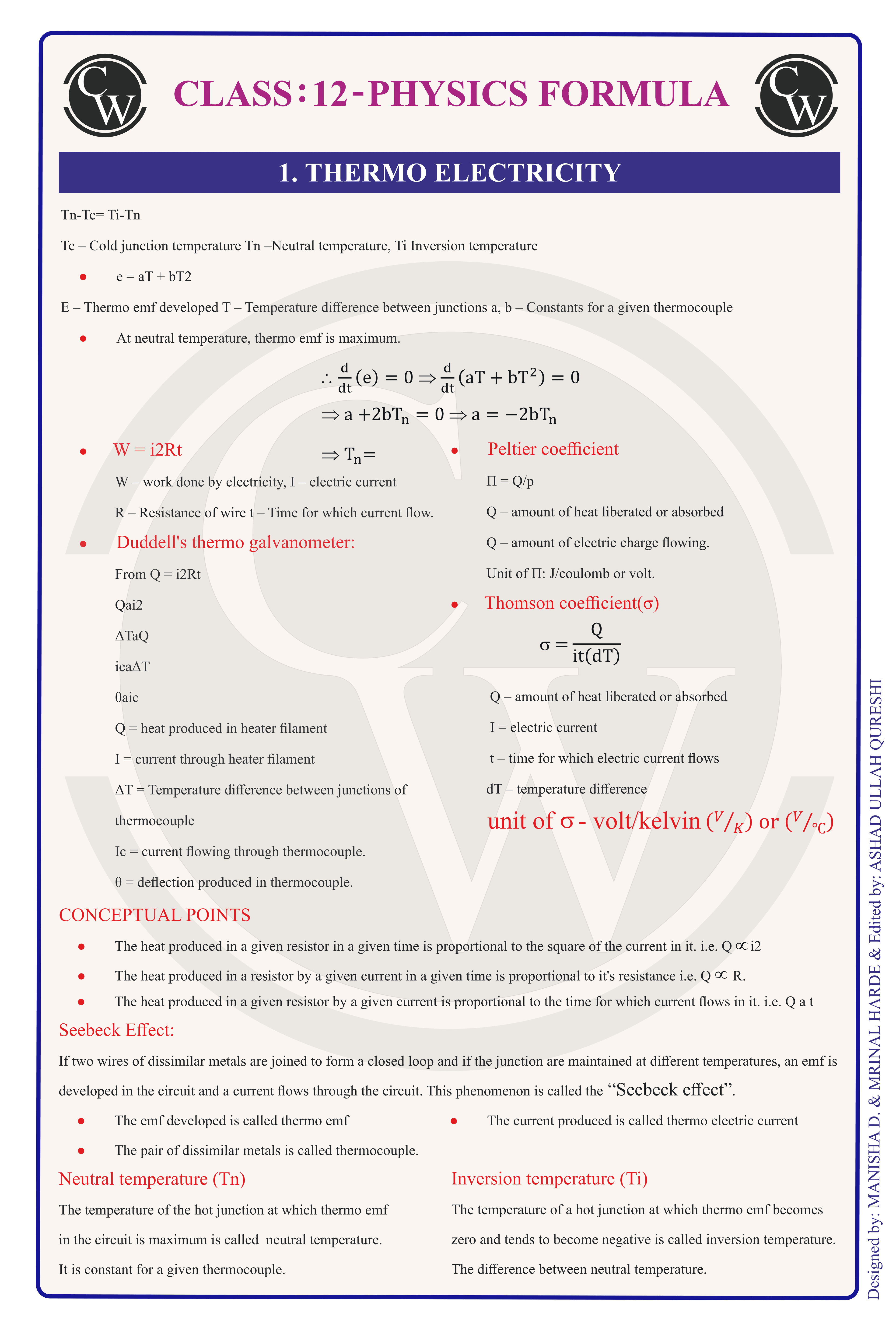 Class 12 Physics Formula Chart 1 — Thermoelectricity