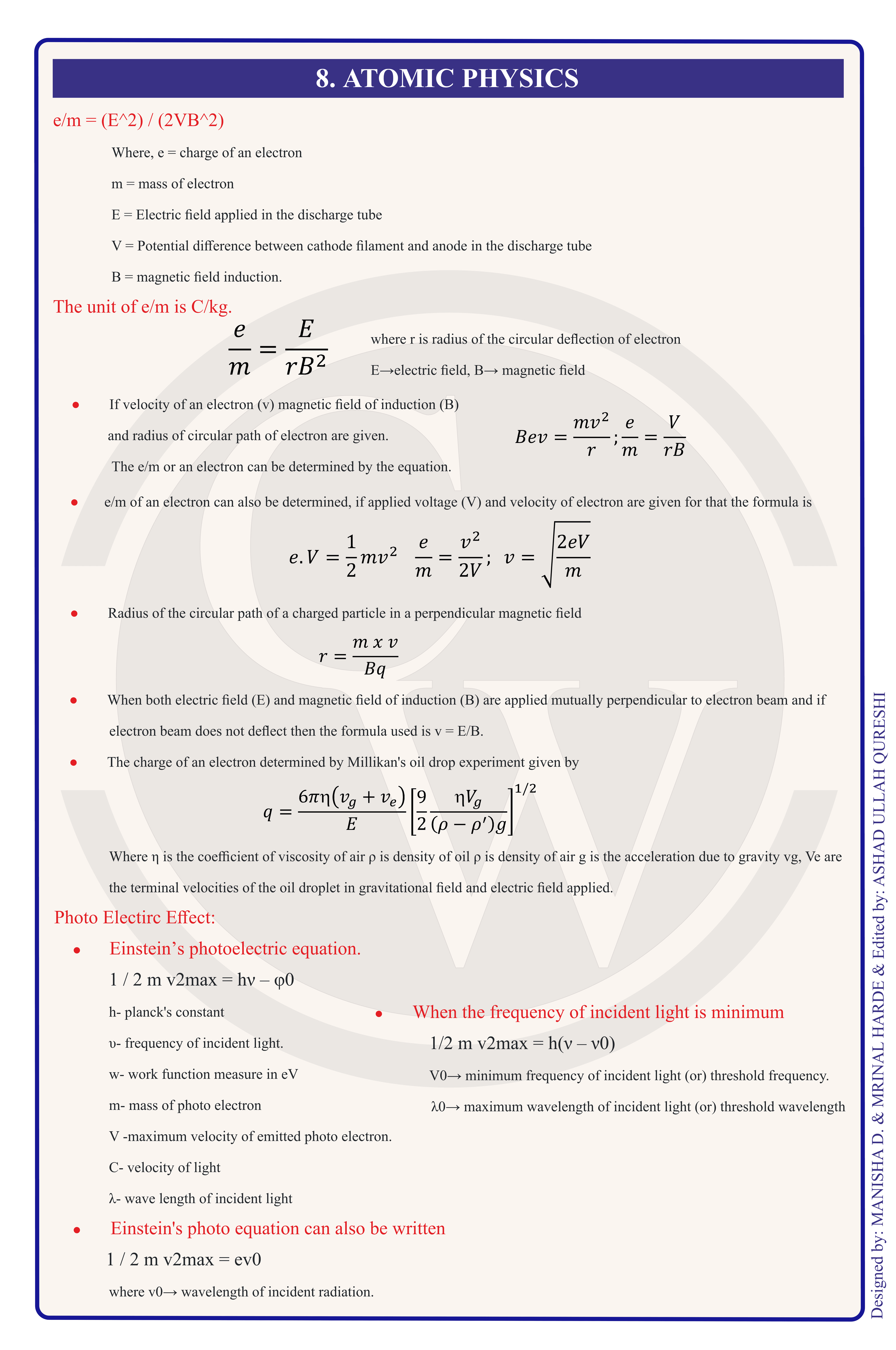 Class 12 Physics Formula Chart 10 — Atomic Physics