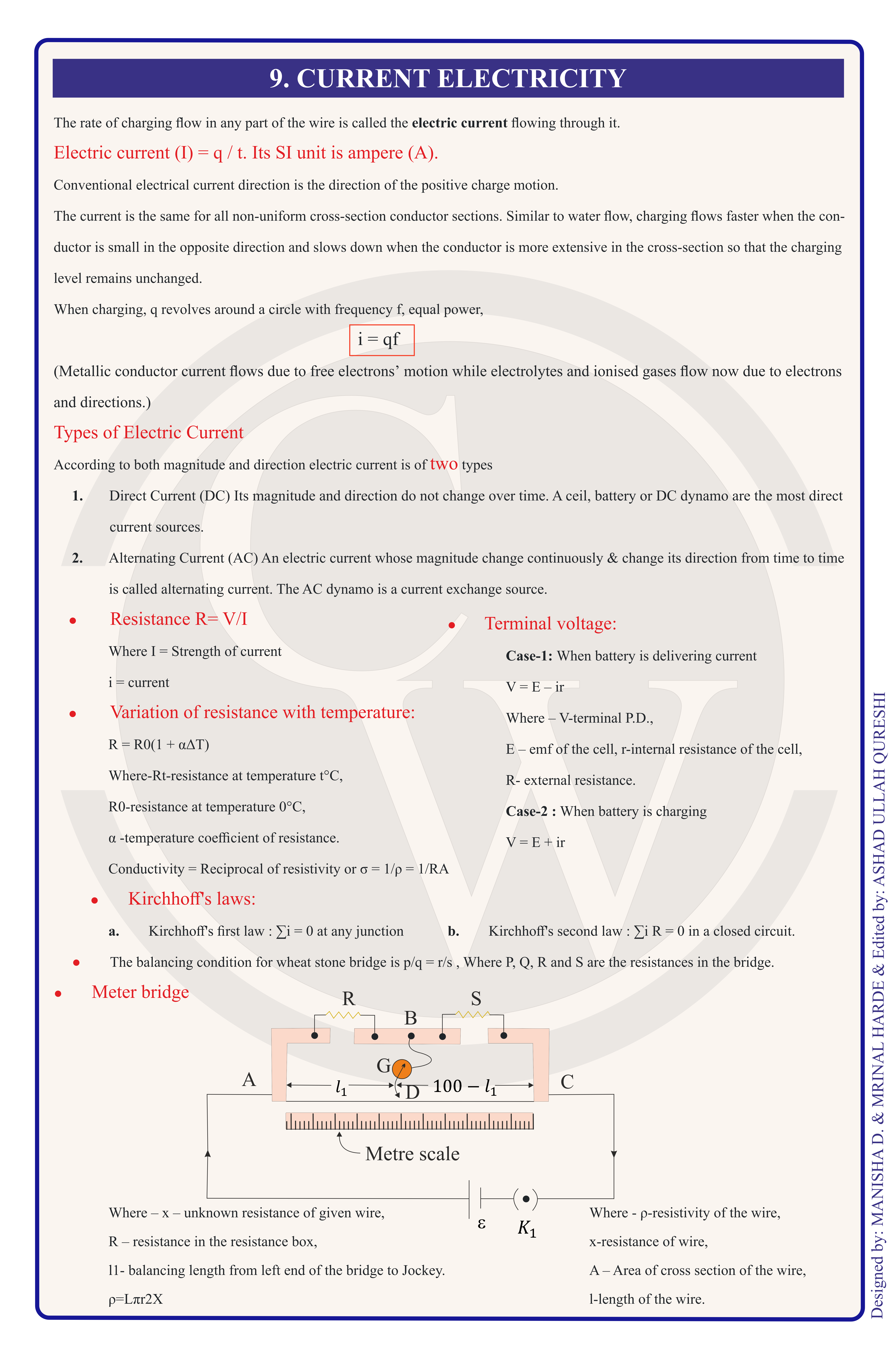 Class 12 Physics Formula Chart 11 — Current Electricity