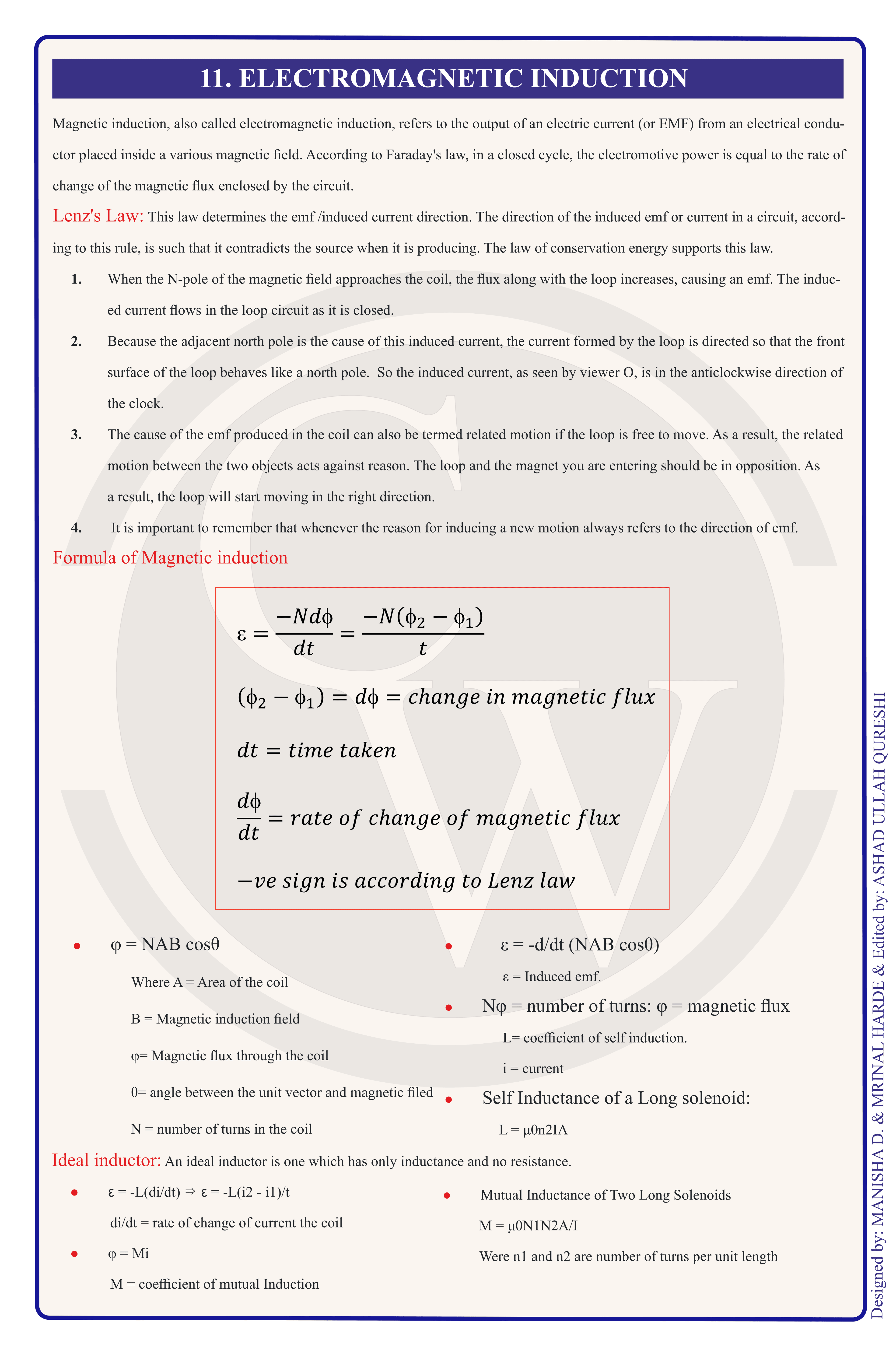 Class 12 Physics Formula Chart 13 — Electromagnetic Induction