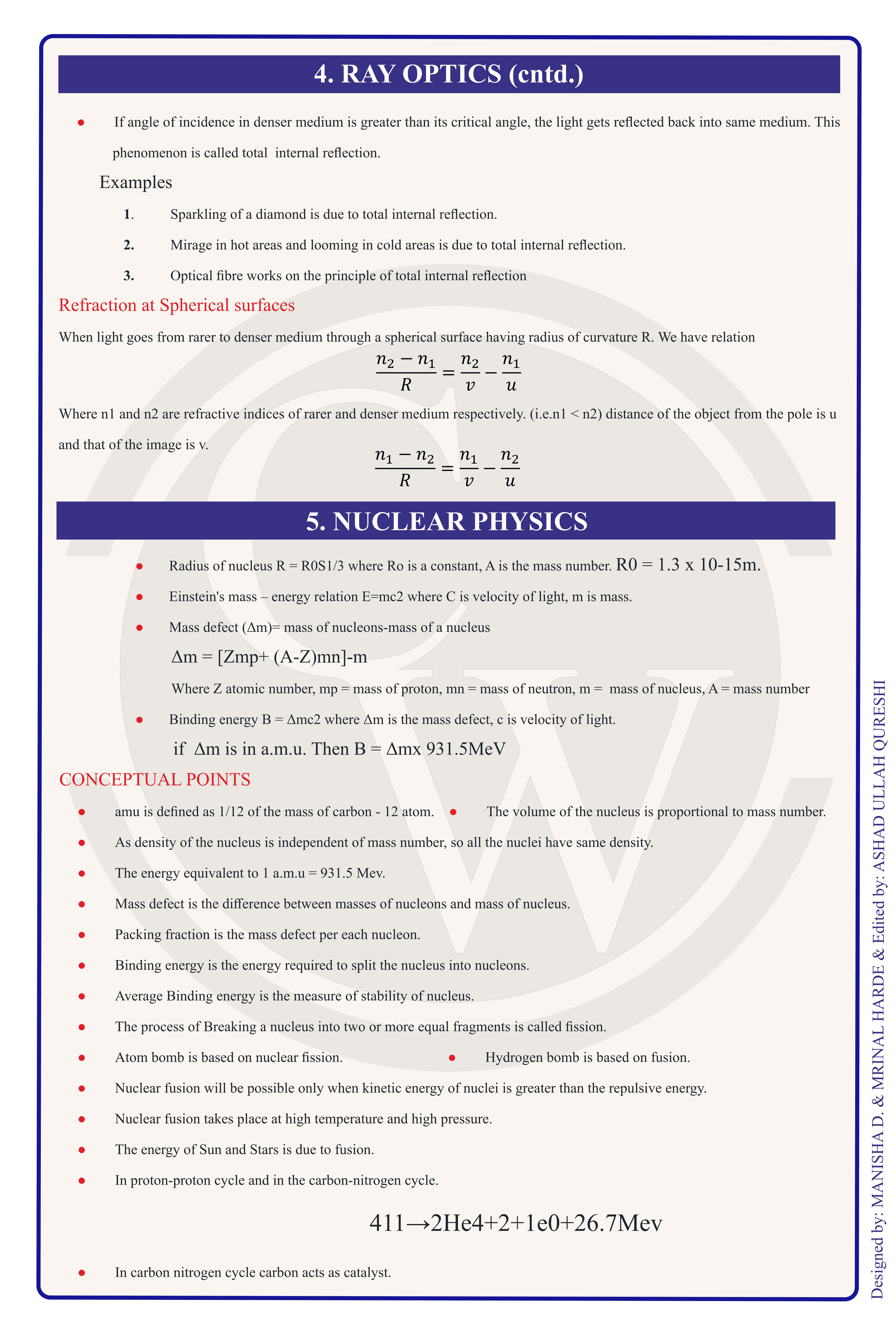 Class 12 Physics Formula Chart 6 — Ray Optics & Nuclear Physics