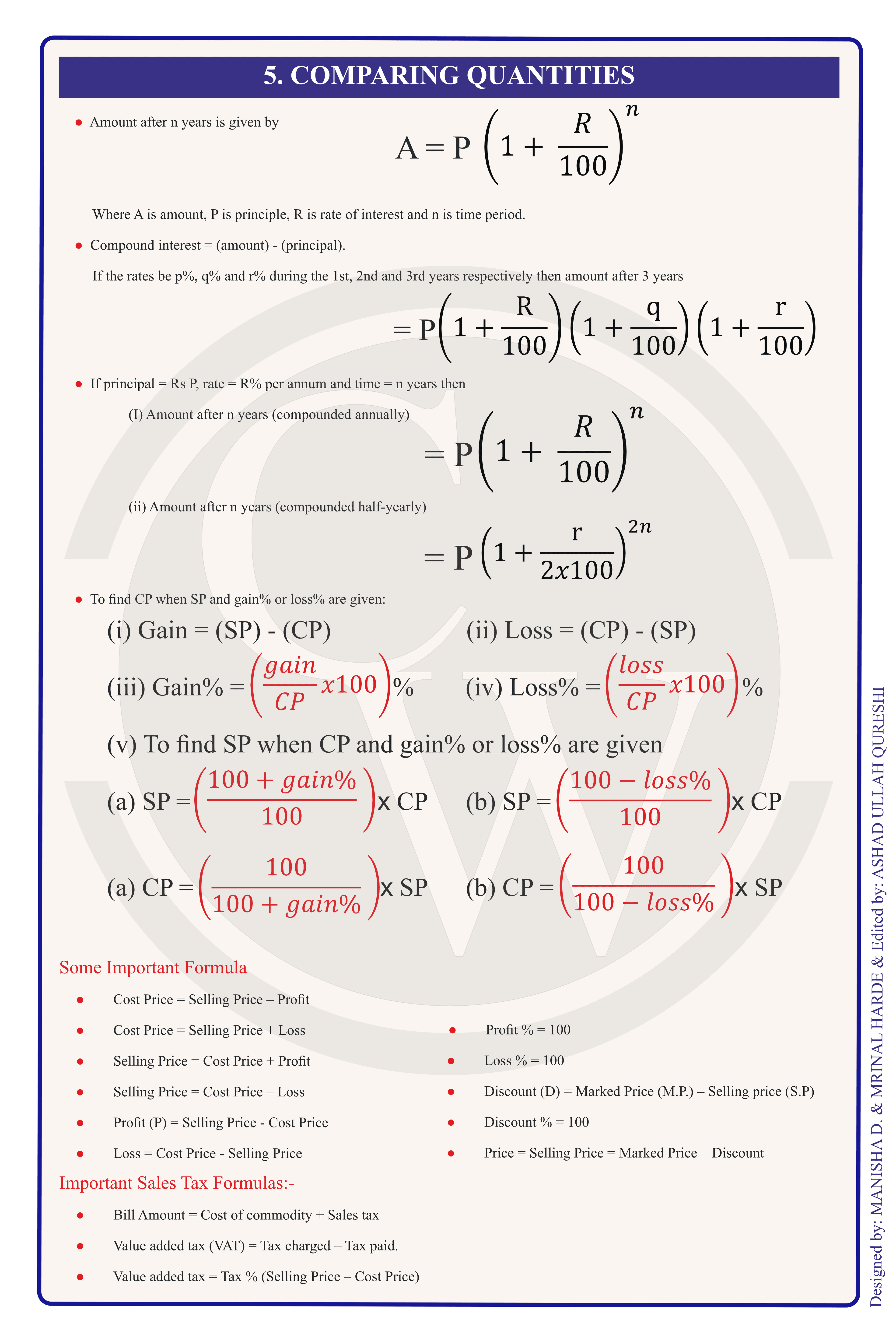 Class 8 Maths Formula Chart 3 — Comparing Quantities
