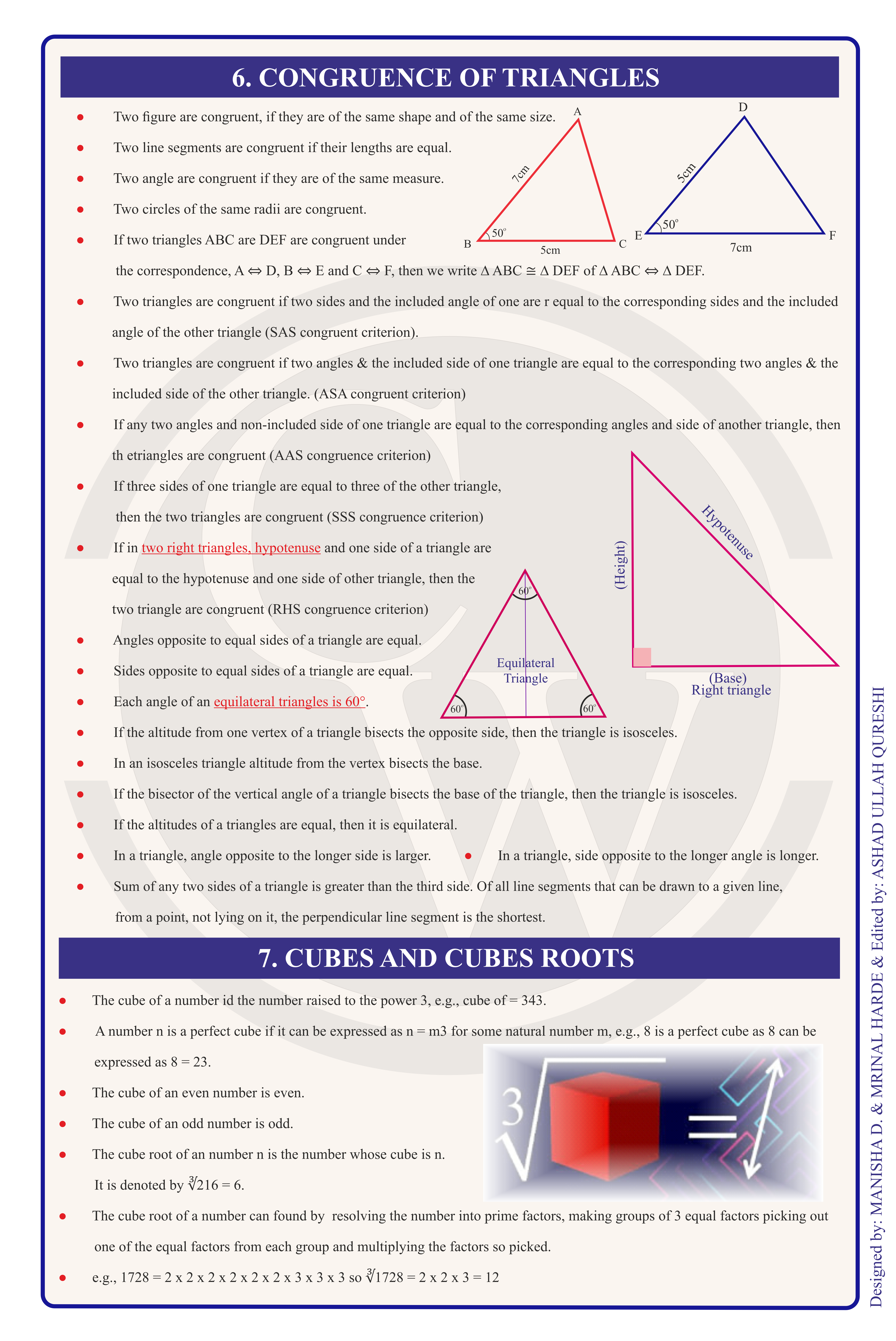Class 8 Maths Formula Chart 4 — Congruence of Triangles & Cubes