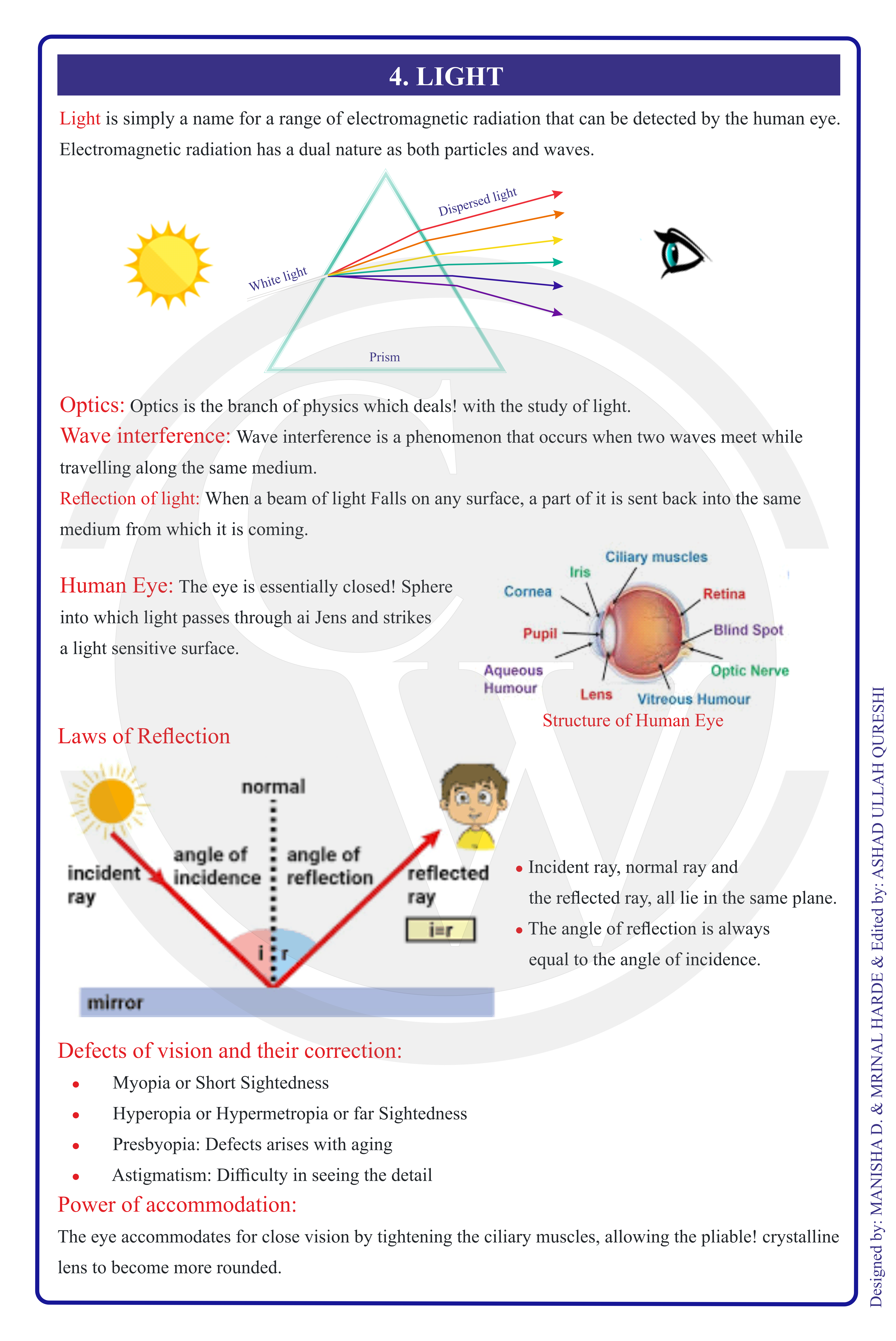 Class 8 Physics Formula Chart 4 — Light