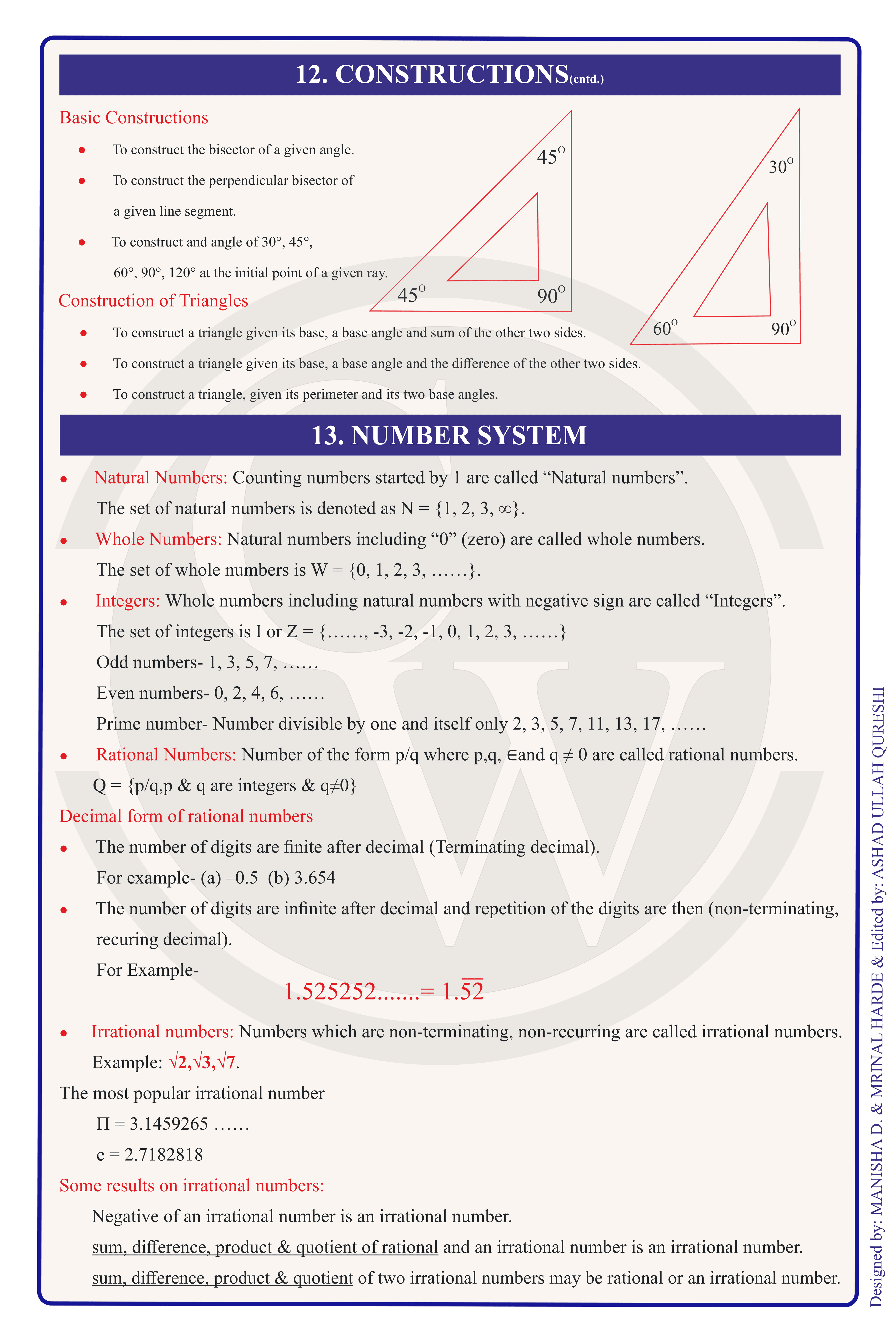 Class 9 Maths Formula Chart 12 — Constructions & Number System