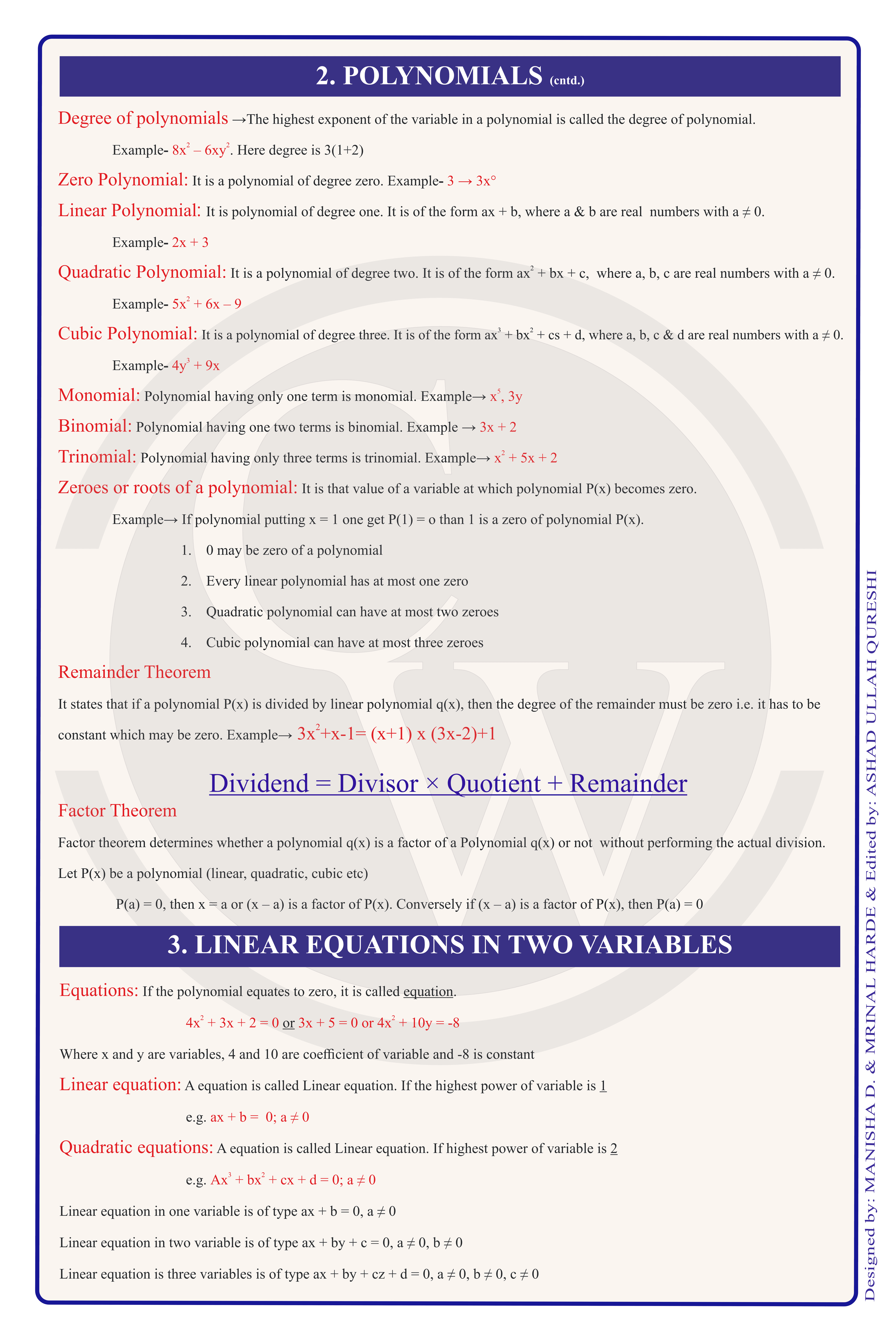 Class 9 Maths Formula Chart 2 — Polynomials & Linear Equations