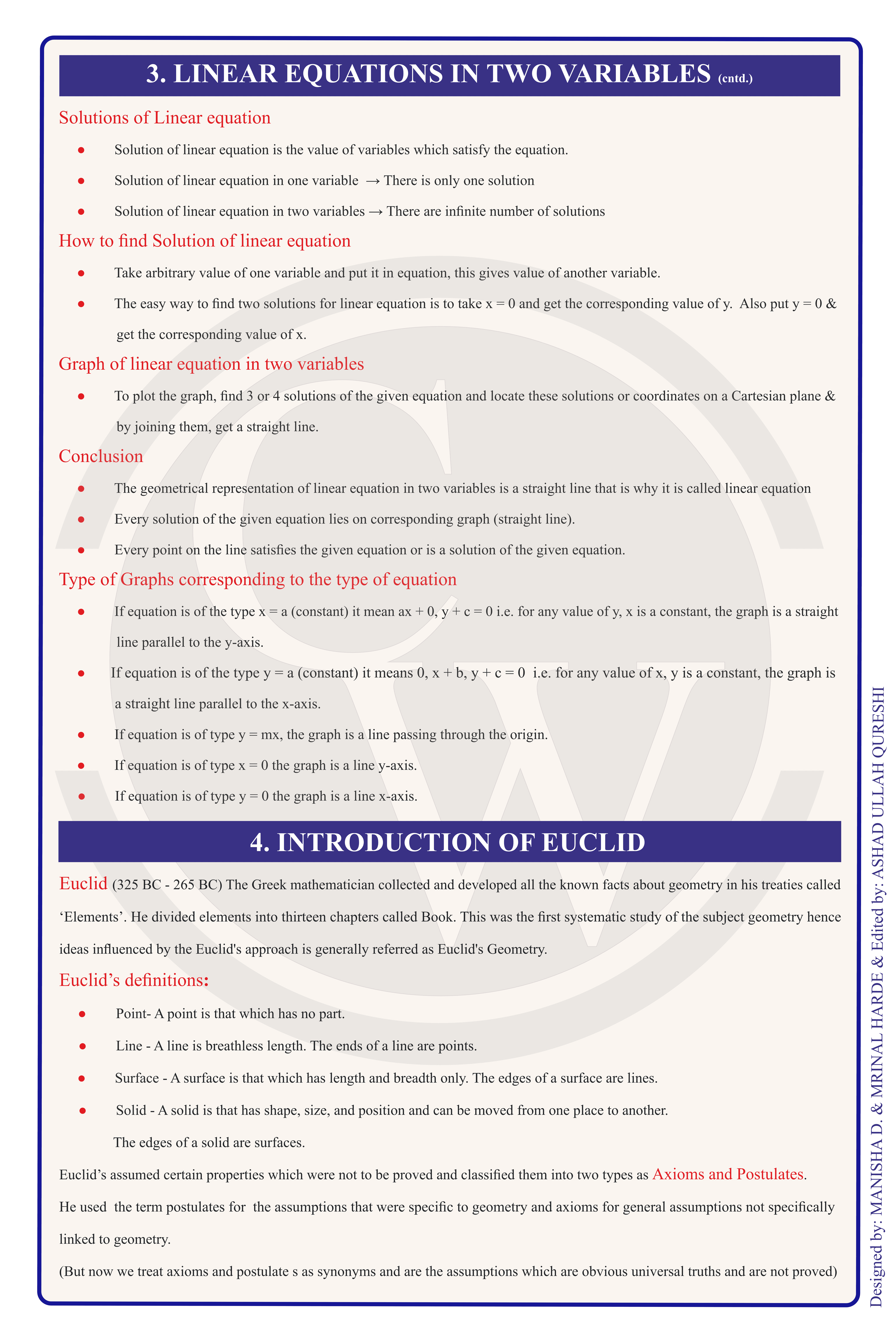 Class 9 Maths Formula Chart 3 — Linear Equations & Euclid's Geometry
